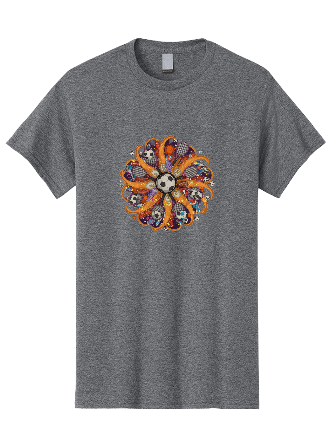 Soccer-Ball-Mandala Men'S Graphic Tee, 100% Cotton, Comfortable Casual Summer Wear, Machine Washable, Soccer Ball, Sports Equipment, Basketballs, Tennis Rackets, Athletic Gear, Vibrant Colors, Dynamic Design, Floral Pattern, Bad654