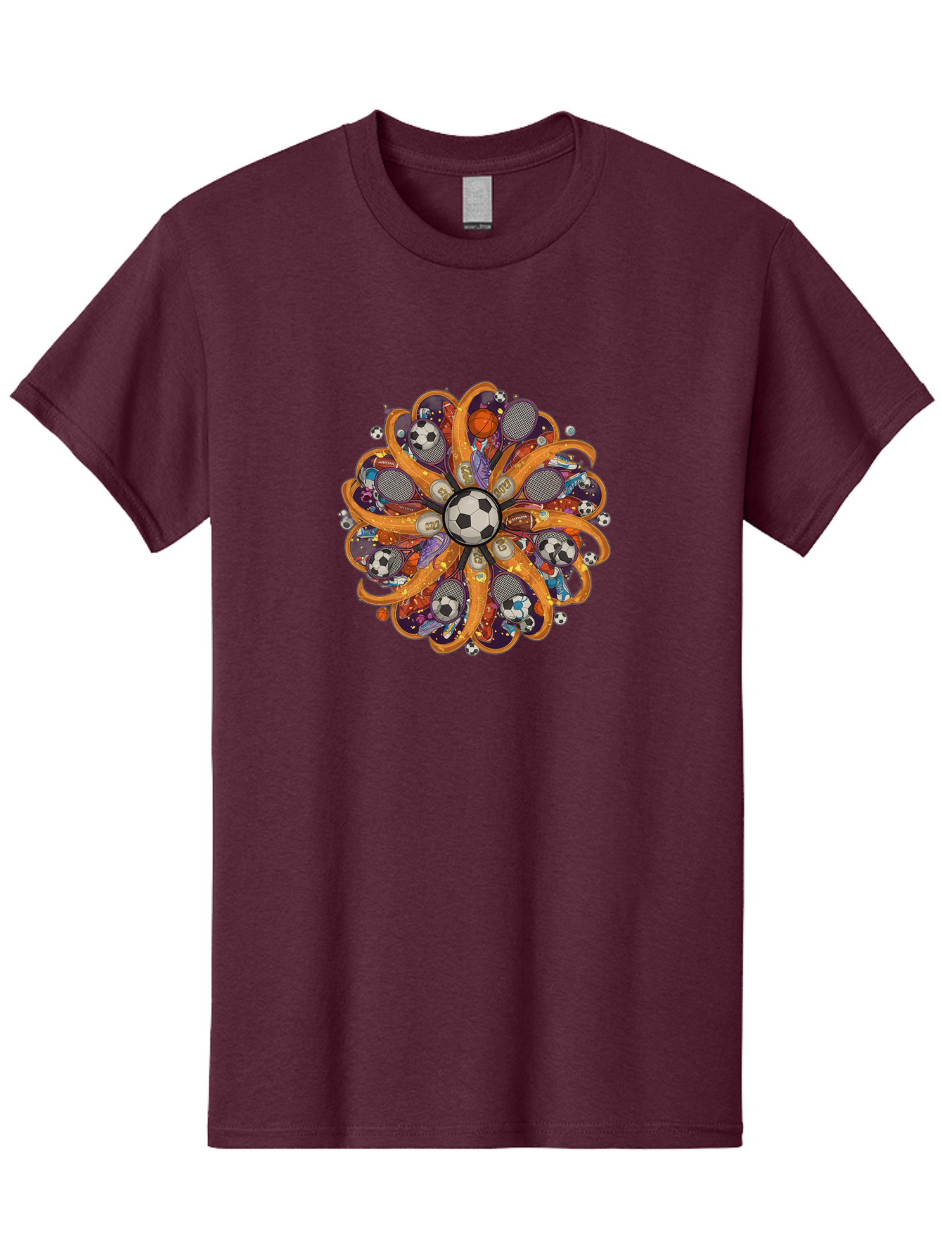 Soccer-Ball-Mandala Men'S Graphic Tee, 100% Cotton, Comfortable Casual Summer Wear, Machine Washable, Soccer Ball, Sports Equipment, Basketballs, Tennis Rackets, Athletic Gear, Vibrant Colors, Dynamic Design, Floral Pattern, Bad654