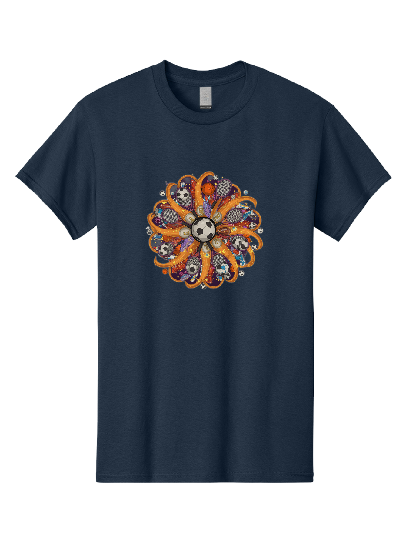 Soccer-Ball-Mandala Men'S Graphic Tee, 100% Cotton, Comfortable Casual Summer Wear, Machine Washable, Soccer Ball, Sports Equipment, Basketballs, Tennis Rackets, Athletic Gear, Vibrant Colors, Dynamic Design, Floral Pattern, Bad654