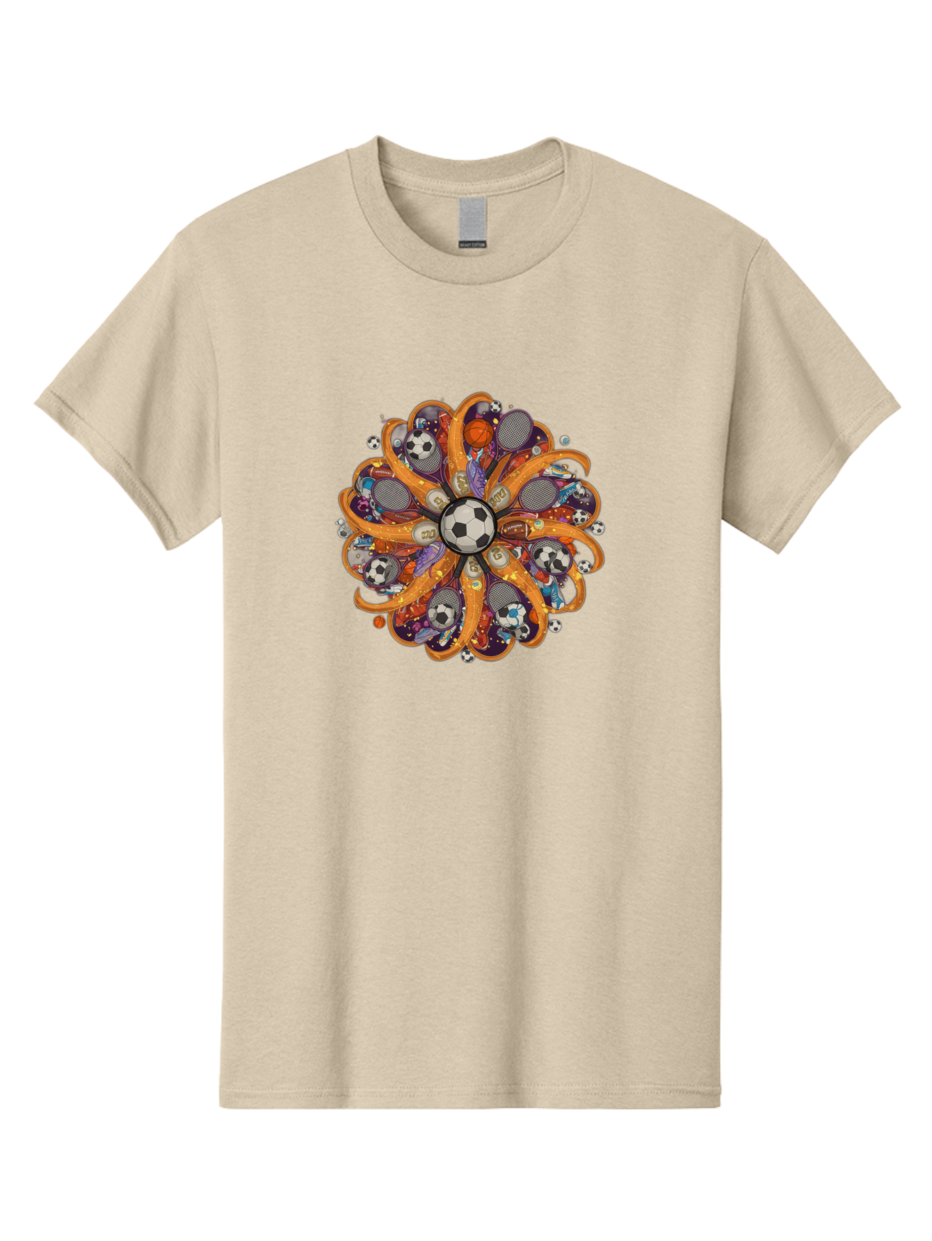 Soccer-Ball-Mandala Men'S Graphic Tee, 100% Cotton, Comfortable Casual Summer Wear, Machine Washable, Soccer Ball, Sports Equipment, Basketballs, Tennis Rackets, Athletic Gear, Vibrant Colors, Dynamic Design, Floral Pattern, Bad654