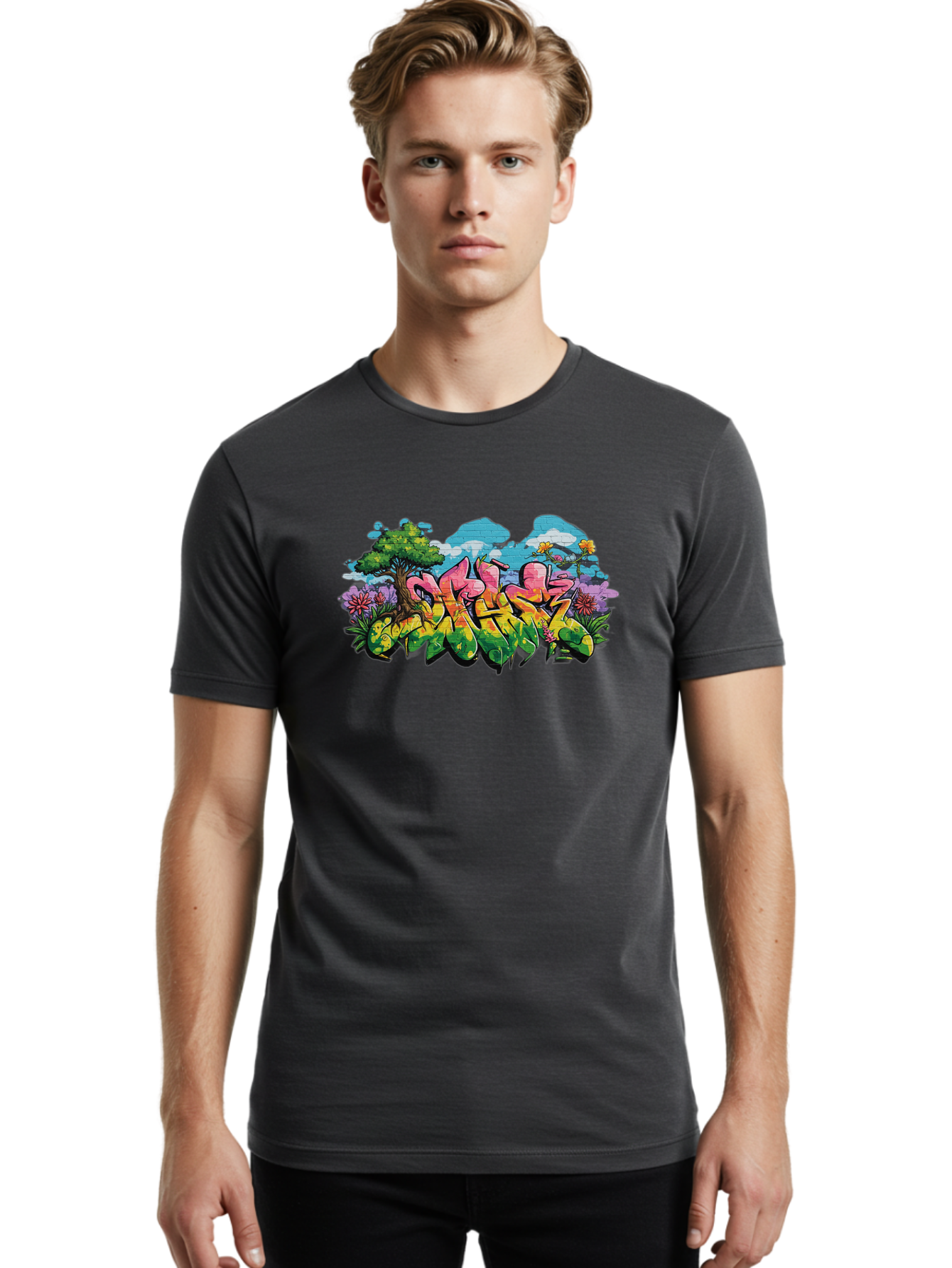 Sos Men'S Graphic Tee, 100% Cotton, Comfortable Casual Summer Wear, Machine Washable, Graffiti Art, Street Art Style, 5050, Pink, Yellow, Green, Flowers, Tree, Blue Sky, White Clouds, Vibrant Colors, Urban Art, Contemporary Art, Street Culture Bad655