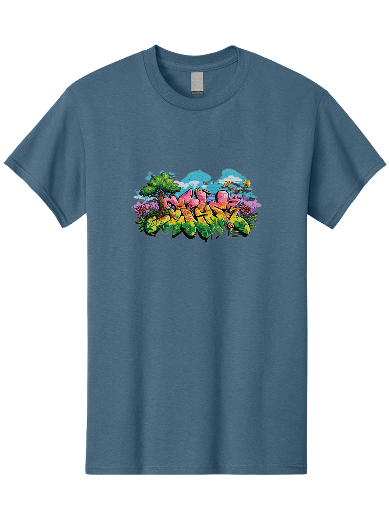 Sos Men'S Graphic Tee, 100% Cotton, Comfortable Casual Summer Wear, Machine Washable, Graffiti Art, Street Art Style, 5050, Pink, Yellow, Green, Flowers, Tree, Blue Sky, White Clouds, Vibrant Colors, Urban Art, Contemporary Art, Street Culture Bad655