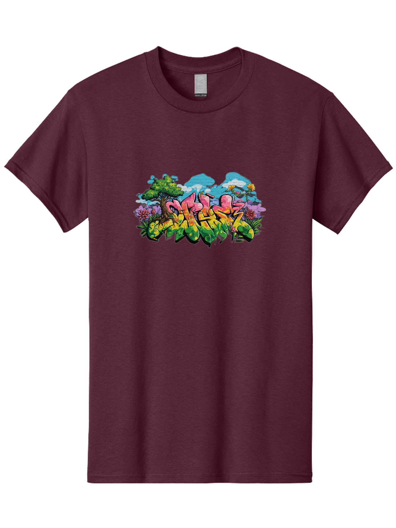 Sos Men'S Graphic Tee, 100% Cotton, Comfortable Casual Summer Wear, Machine Washable, Graffiti Art, Street Art Style, 5050, Pink, Yellow, Green, Flowers, Tree, Blue Sky, White Clouds, Vibrant Colors, Urban Art, Contemporary Art, Street Culture Bad655