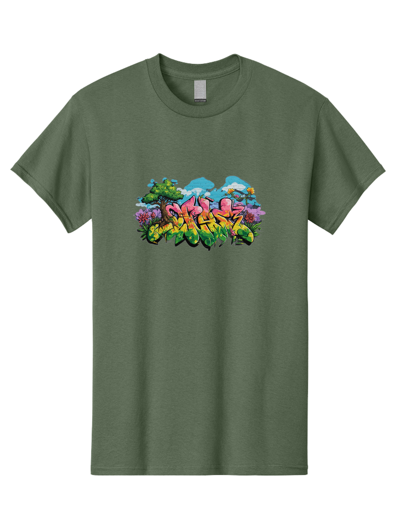Sos Men'S Graphic Tee, 100% Cotton, Comfortable Casual Summer Wear, Machine Washable, Graffiti Art, Street Art Style, 5050, Pink, Yellow, Green, Flowers, Tree, Blue Sky, White Clouds, Vibrant Colors, Urban Art, Contemporary Art, Street Culture Bad655