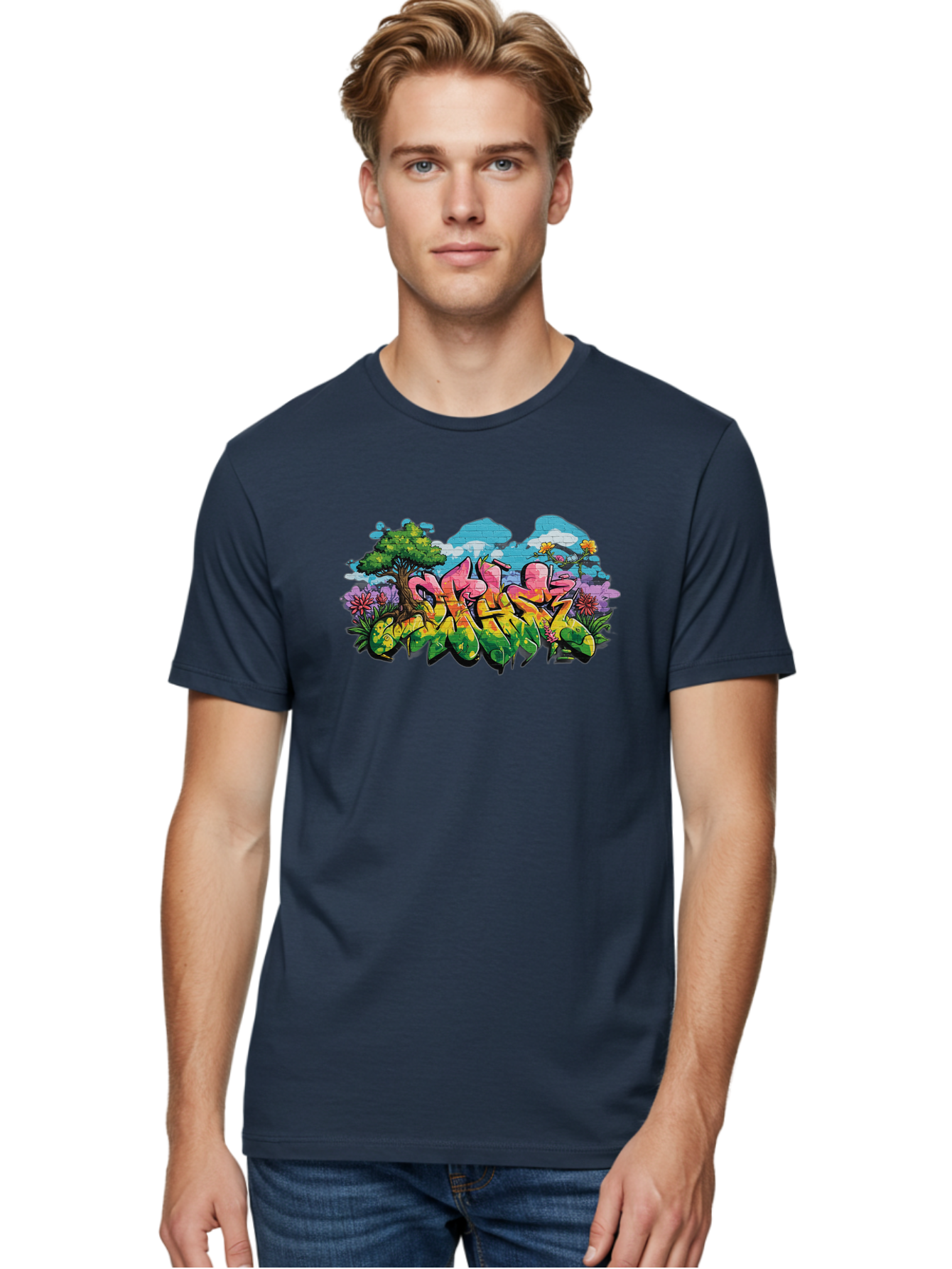 Sos Men'S Graphic Tee, 100% Cotton, Comfortable Casual Summer Wear, Machine Washable, Graffiti Art, Street Art Style, 5050, Pink, Yellow, Green, Flowers, Tree, Blue Sky, White Clouds, Vibrant Colors, Urban Art, Contemporary Art, Street Culture Bad655