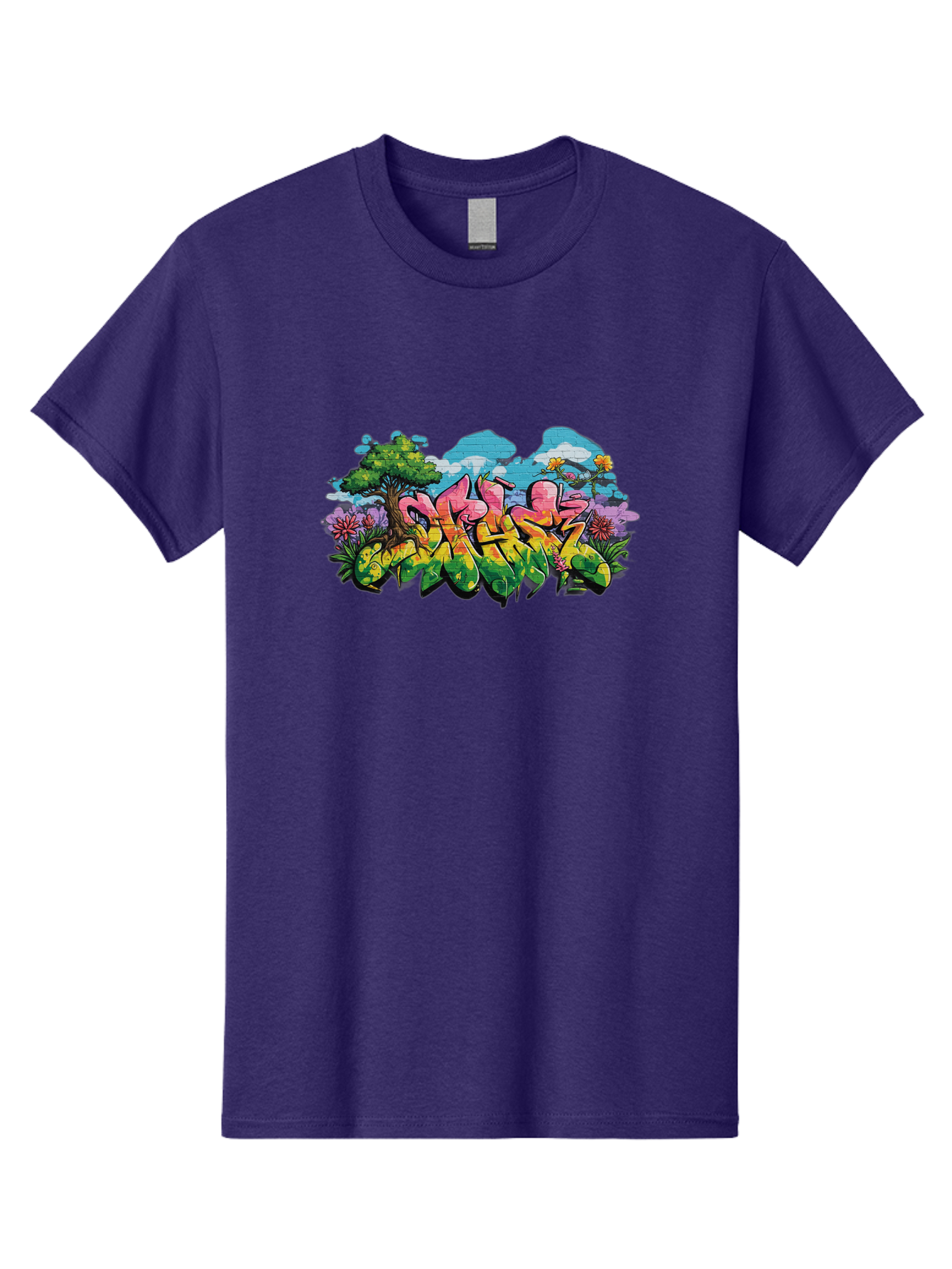 Sos Men'S Graphic Tee, 100% Cotton, Comfortable Casual Summer Wear, Machine Washable, Graffiti Art, Street Art Style, 5050, Pink, Yellow, Green, Flowers, Tree, Blue Sky, White Clouds, Vibrant Colors, Urban Art, Contemporary Art, Street Culture Bad655