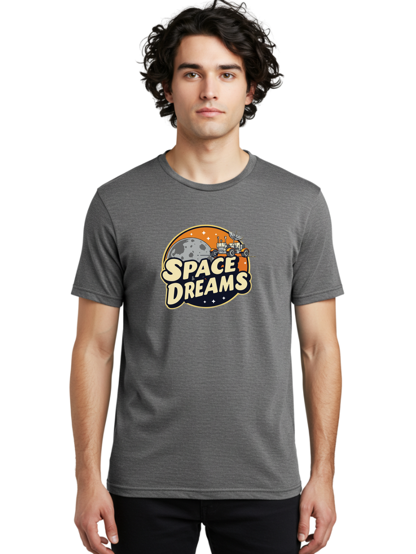 Space-Dreams-2 Men'S Graphic Tee, 100% Cotton, Comfortable Casual Summer Wear, Machine Washable, Vintage-Style Space Truck, Lunar Exploration, Space Travel, Retro-Futuristic Design, Celestial Adventure, Moon Landscape, Tractor In Space, Stars, Bad658