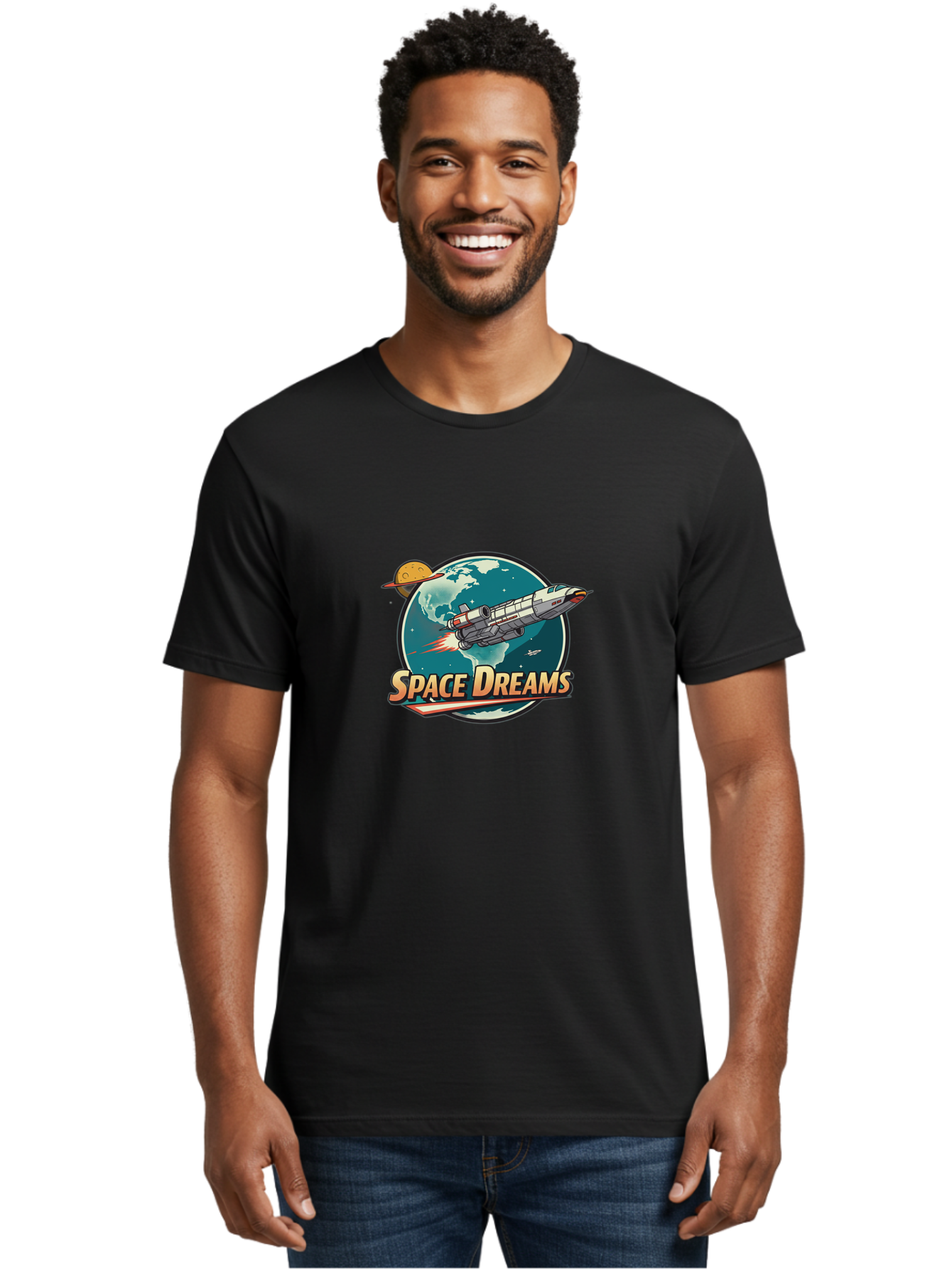 Space-Dreams-5 Men'S Graphic Tee, 100% Cotton, Comfortable Casual Summer Wear, Machine Washable, Spacecraft Flying Around The Earth, Planets, Stars, Space Travel, Adventure, Galaxy Exploration, Cosmic Journey, Futuristic, Sci-Fi Bad661