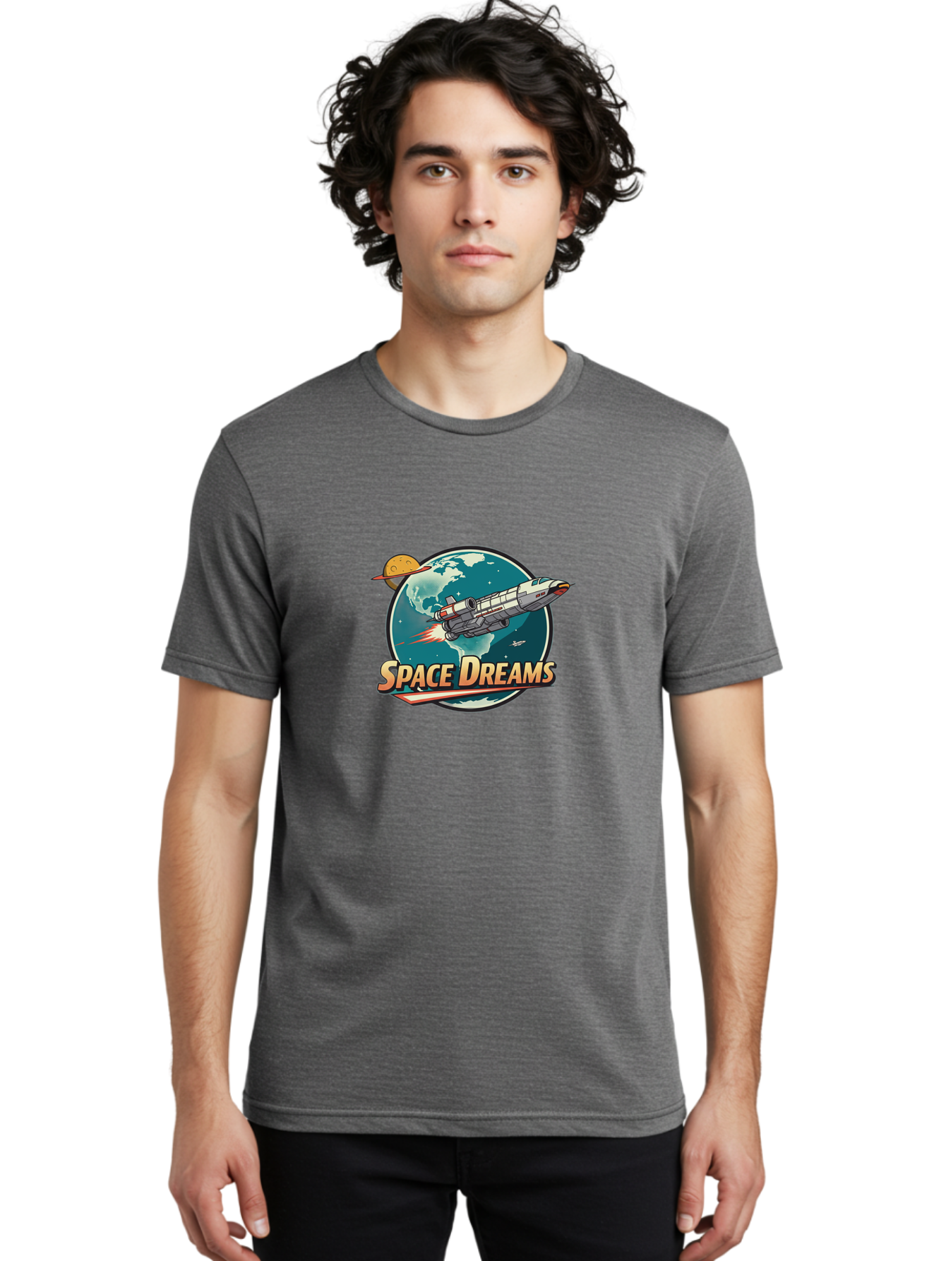 Space-Dreams-5 Men'S Graphic Tee, 100% Cotton, Comfortable Casual Summer Wear, Machine Washable, Spacecraft Flying Around The Earth, Planets, Stars, Space Travel, Adventure, Galaxy Exploration, Cosmic Journey, Futuristic, Sci-Fi Bad661