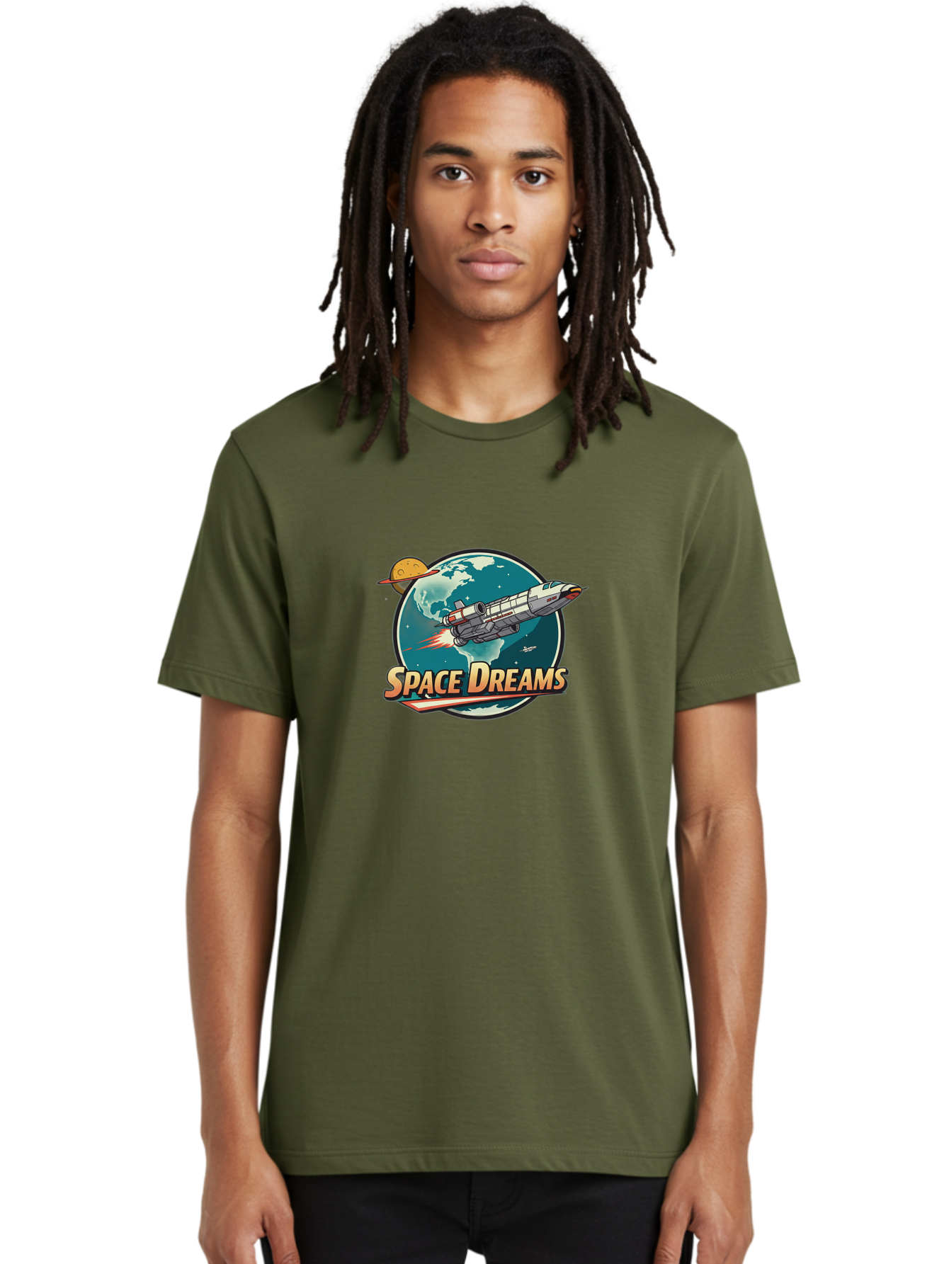 Space-Dreams-5 Men'S Graphic Tee, 100% Cotton, Comfortable Casual Summer Wear, Machine Washable, Spacecraft Flying Around The Earth, Planets, Stars, Space Travel, Adventure, Galaxy Exploration, Cosmic Journey, Futuristic, Sci-Fi Bad661