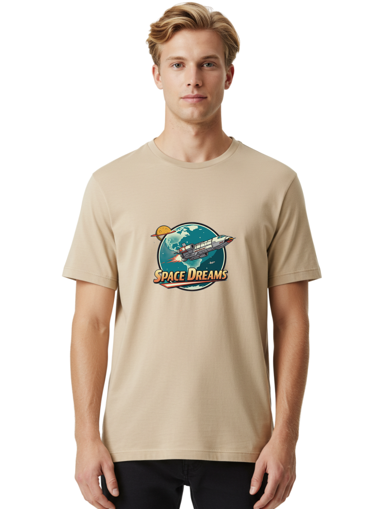 Space-Dreams-5 Men'S Graphic Tee, 100% Cotton, Comfortable Casual Summer Wear, Machine Washable, Spacecraft Flying Around The Earth, Planets, Stars, Space Travel, Adventure, Galaxy Exploration, Cosmic Journey, Futuristic, Sci-Fi Bad661