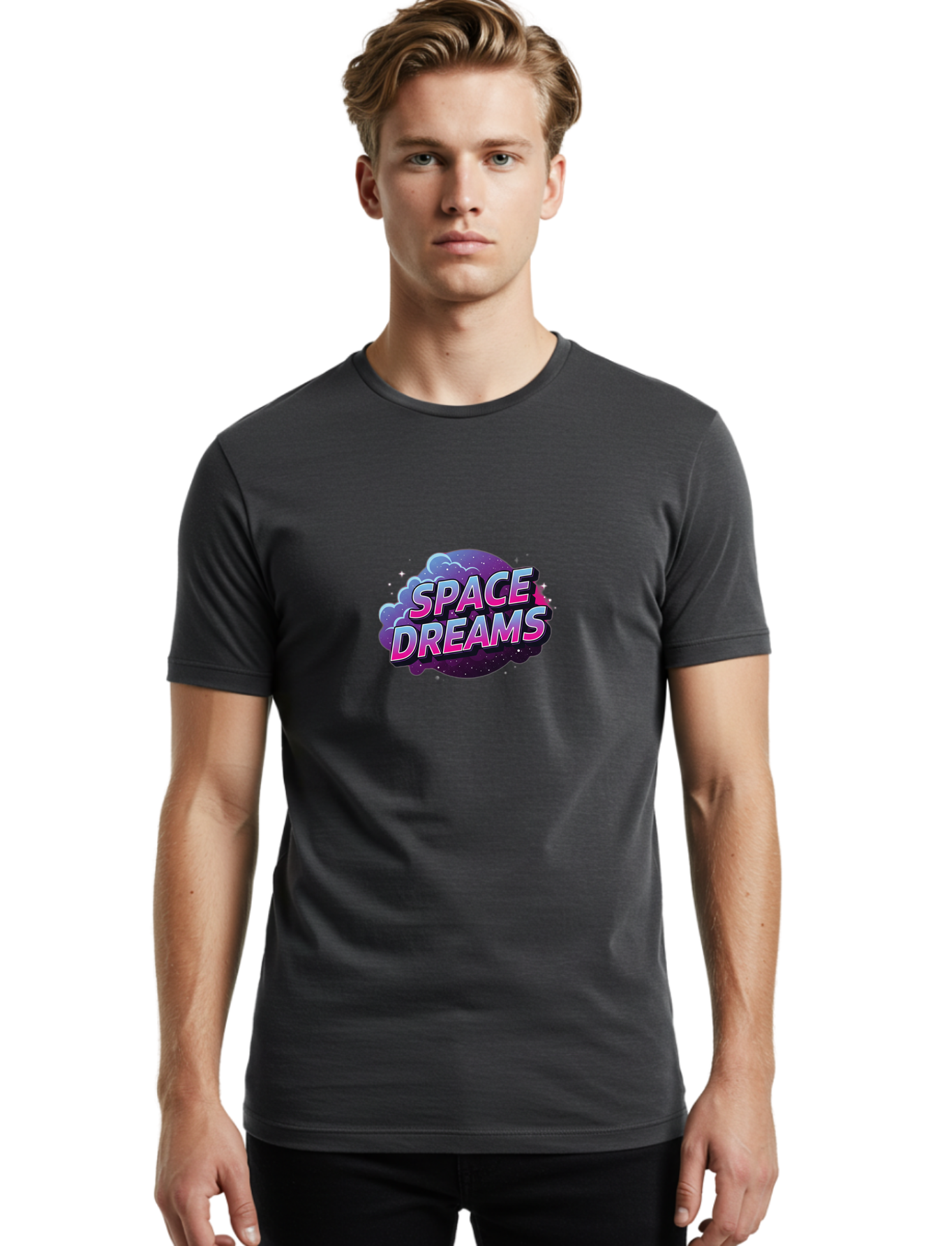 Space-Dreams-6 Men'S Graphic Tee, 100% Cotton, Comfortable Casual Summer Wear, Machine Washable, Space-Themed Logo, Dreamy Atmosphere, Cosmic Vibes, Futuristic Design, Vibrant Colors, 3D Effect, Galaxy-Inspired, Stylized Text Bad662
