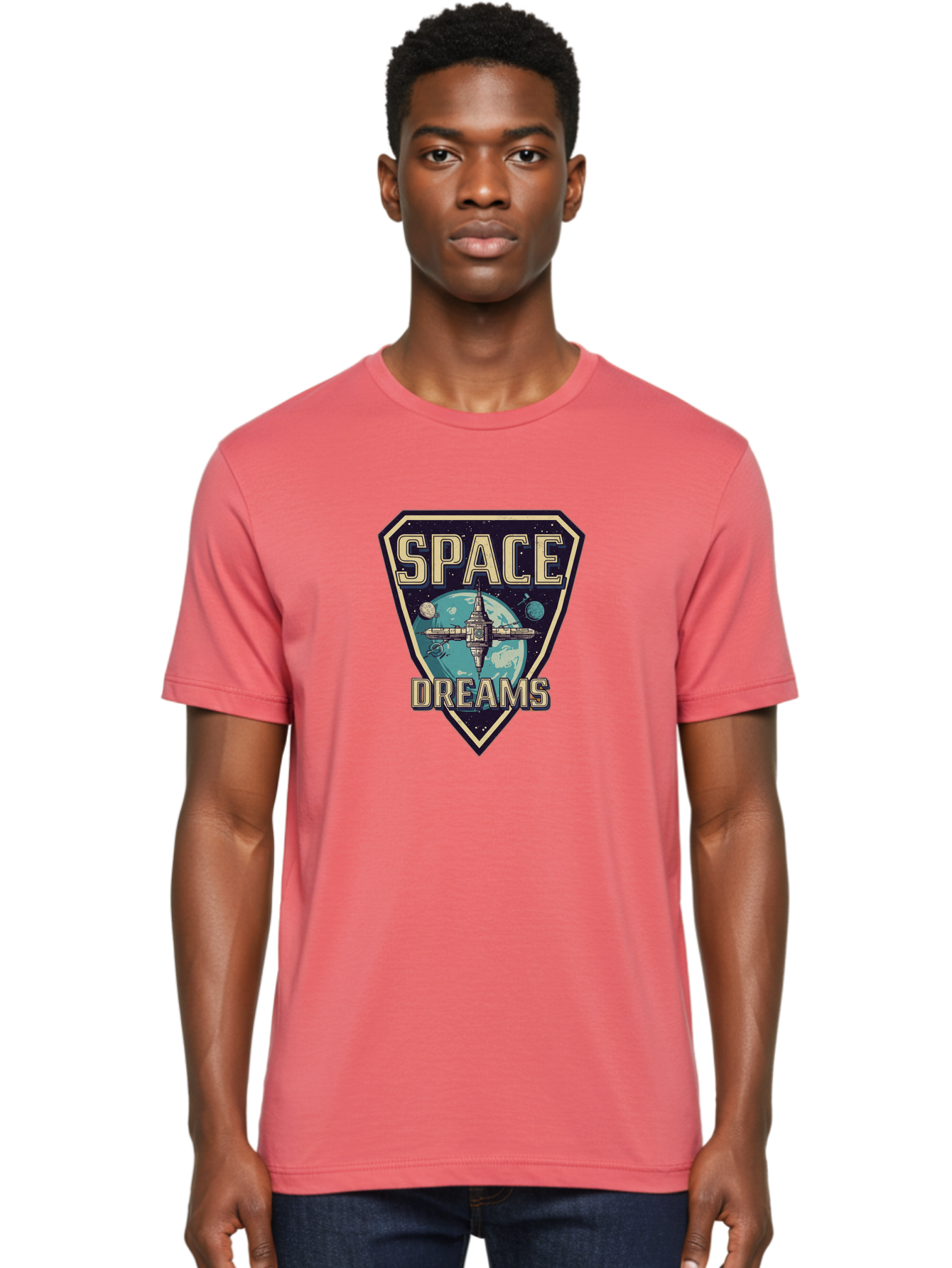 Space-Dreams-7 Men'S Graphic Tee, 100% Cotton, Comfortable Casual Summer Wear, Machine Washable, Space Exploration, Futuristic Design, Sci-Fi Elements, Spaceship Orbiting Earth, Planetary Bodies, Dreams, Space Dreams Bad663