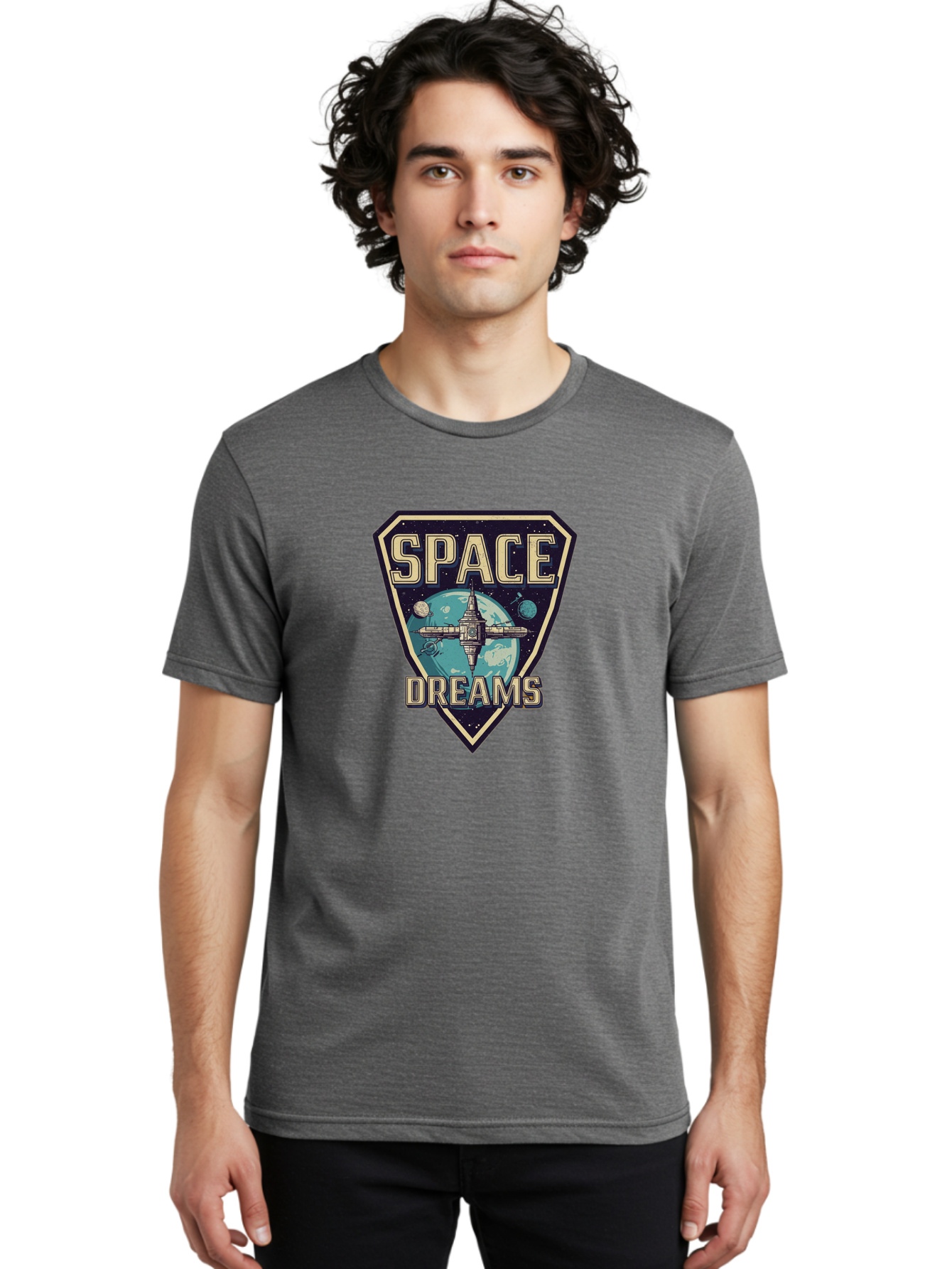 Space-Dreams-7 Men'S Graphic Tee, 100% Cotton, Comfortable Casual Summer Wear, Machine Washable, Space Exploration, Futuristic Design, Sci-Fi Elements, Spaceship Orbiting Earth, Planetary Bodies, Dreams, Space Dreams Bad663