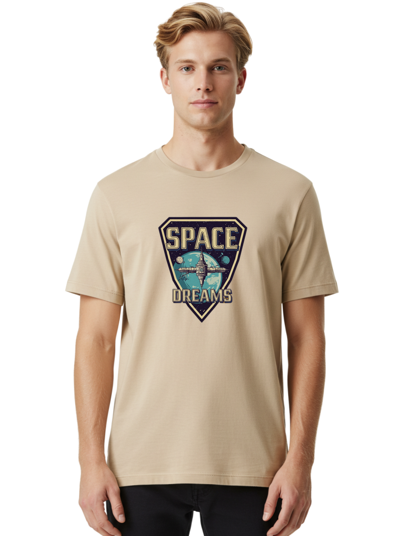 Space-Dreams-7 Men'S Graphic Tee, 100% Cotton, Comfortable Casual Summer Wear, Machine Washable, Space Exploration, Futuristic Design, Sci-Fi Elements, Spaceship Orbiting Earth, Planetary Bodies, Dreams, Space Dreams Bad663