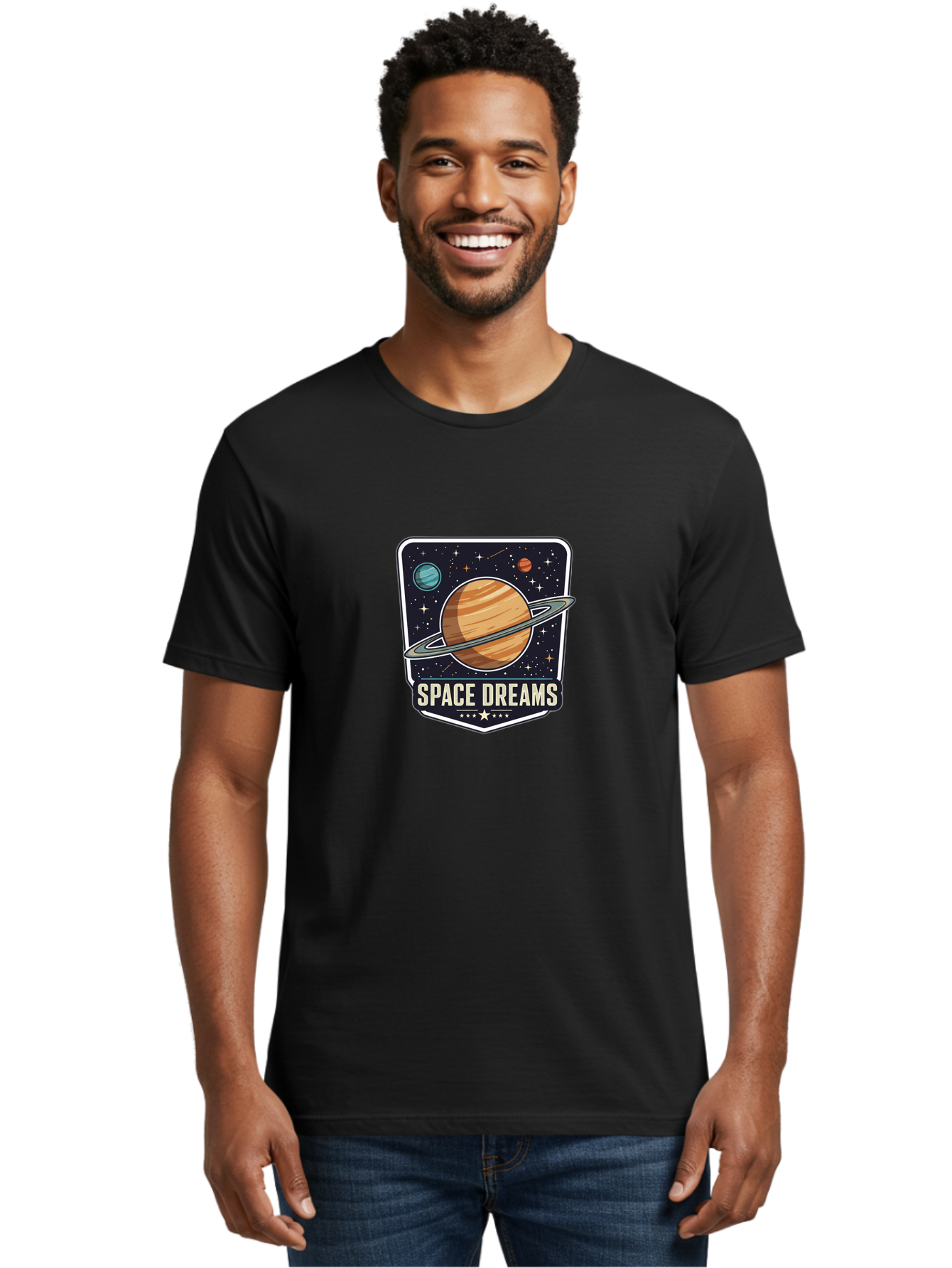 Space-Dreams Men'S Graphic Tee, 100% Cotton, Comfortable Casual Summer Wear, Machine Washable, Saturn Planet, Ringed Planet, Space Logo, Celestial Design, Astronomy, Planetary System, Stars, Cosmic Landscape, Science Fiction Bad665