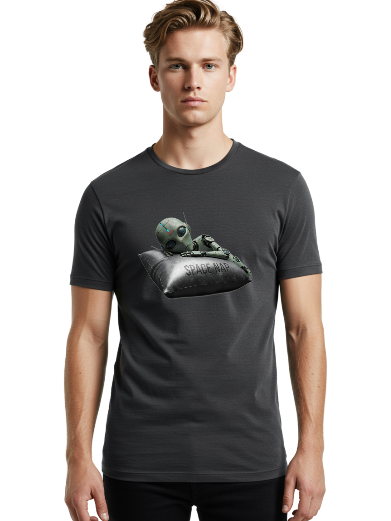 Space-Nap-1 Men'S Graphic Tee, 100% Cotton, Comfortable Casual Summer Wear, Machine Washable, Robot Sleeping, Space Nap, Futuristic Design, Metallic Surface, Robotic Relaxation, Digital Art, Sleeping Robot, Sci-Fi Concept, Futuristic Rest, Bad666