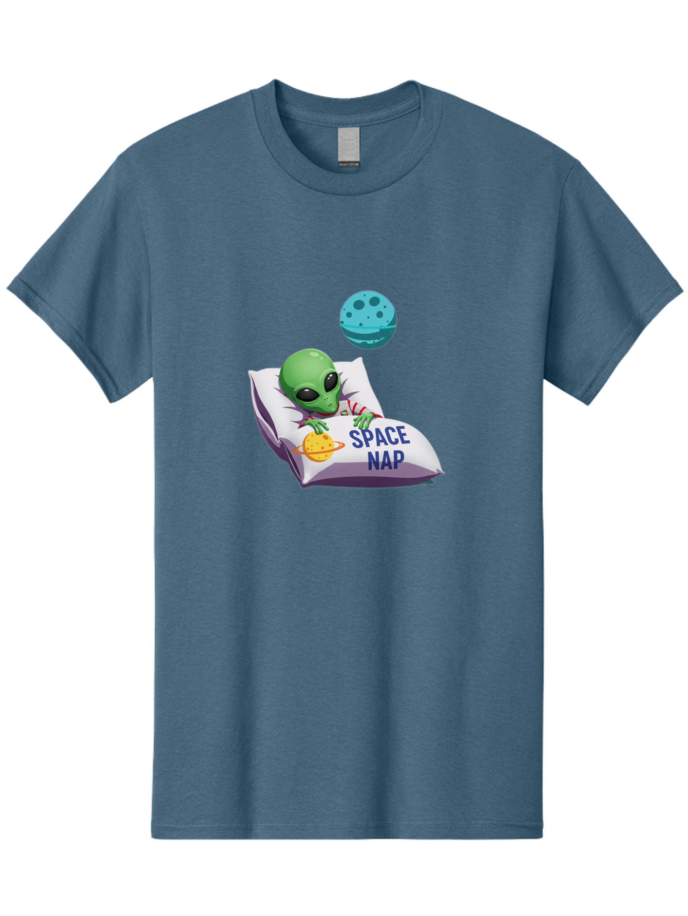 Space-Nap-2 Men'S Graphic Tee, 100% Cotton, Comfortable Casual Summer Wear, Machine Washable, Alien Sleeping, Cartoon Character, Space-Themed Pillow, Planetary Design, Relaxed Atmosphere, Extraterrestrial Being, Humorous Illustration, Bad667