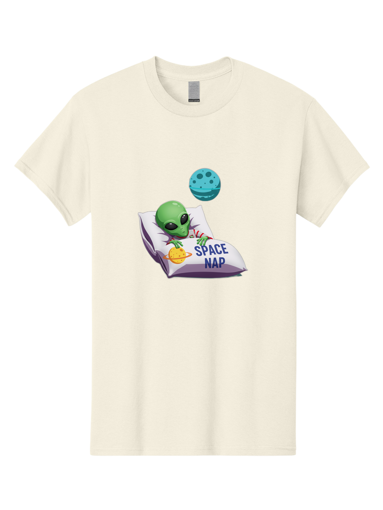Space-Nap-2 Men'S Graphic Tee, 100% Cotton, Comfortable Casual Summer Wear, Machine Washable, Alien Sleeping, Cartoon Character, Space-Themed Pillow, Planetary Design, Relaxed Atmosphere, Extraterrestrial Being, Humorous Illustration, Bad667