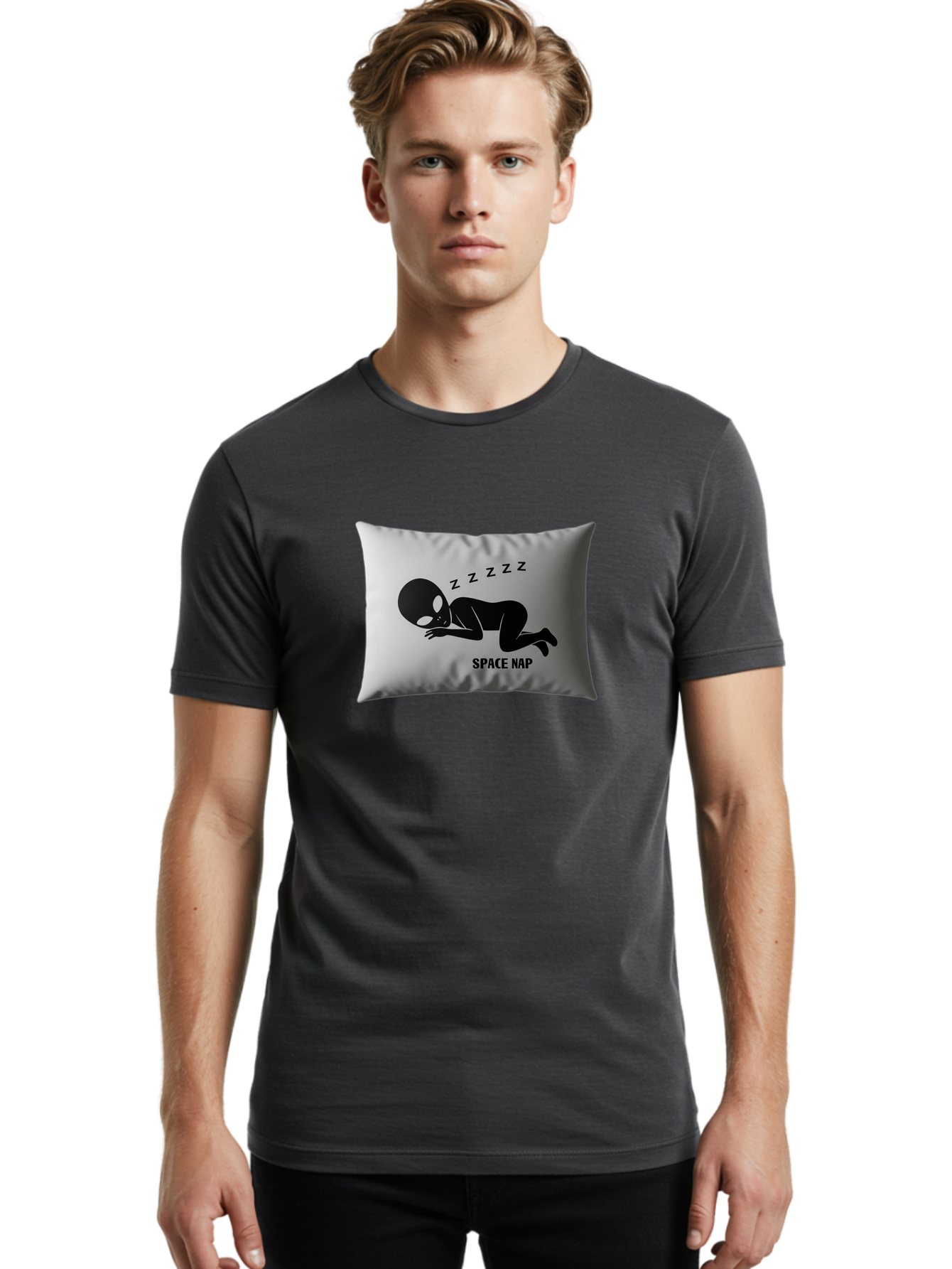 Space-Nap-3 Men'S Graphic Tee, 100% Cotton, Comfortable Casual Summer Wear, Machine Washable, Sleeping Alien, Pillow Design, Funny Gift, Alien Graphic, Space Humor, Zzz Symbol, Funny Pillow, Extraterrestrial Bad668