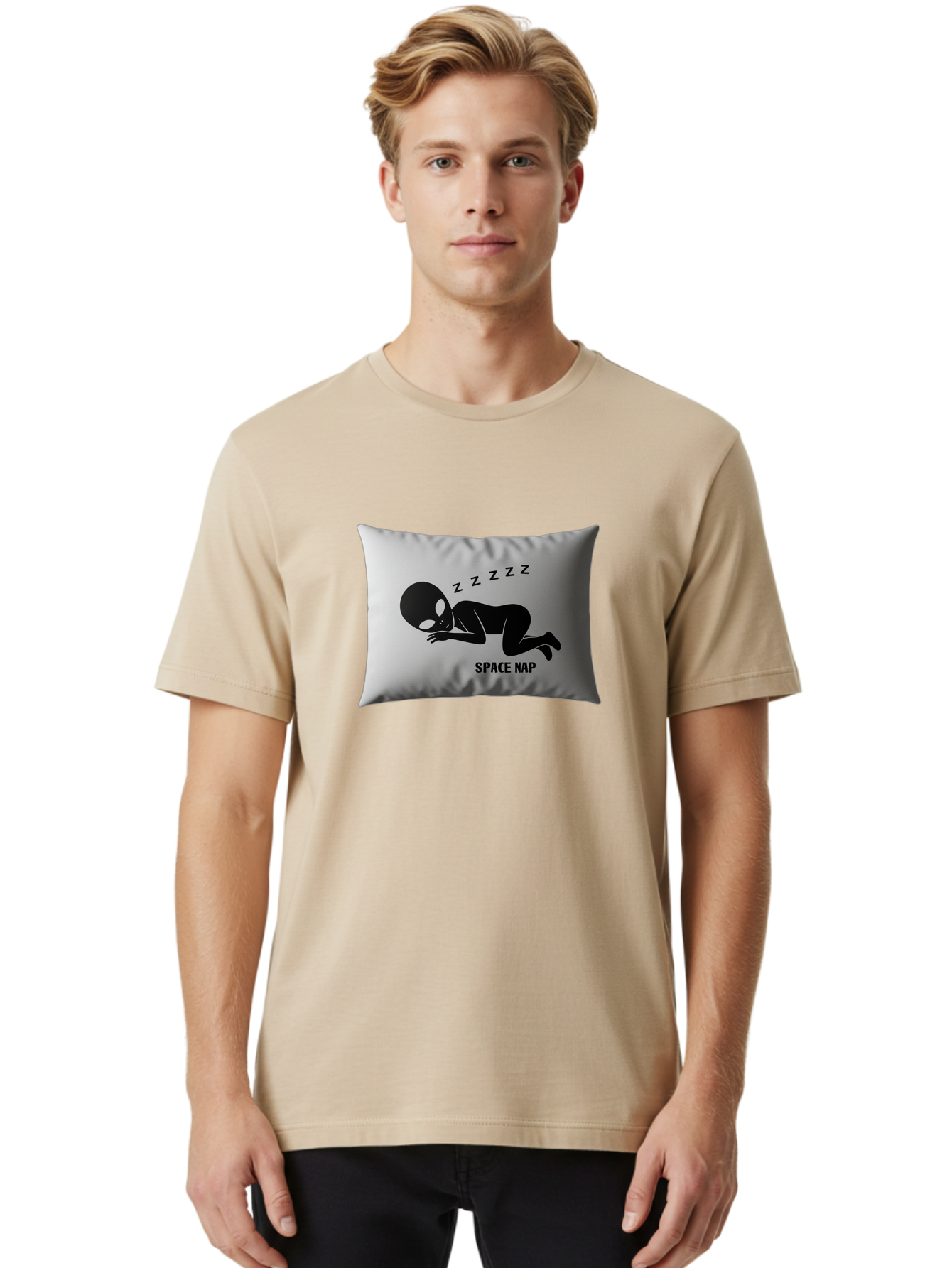 Space-Nap-3 Men'S Graphic Tee, 100% Cotton, Comfortable Casual Summer Wear, Machine Washable, Sleeping Alien, Pillow Design, Funny Gift, Alien Graphic, Space Humor, Zzz Symbol, Funny Pillow, Extraterrestrial Bad668