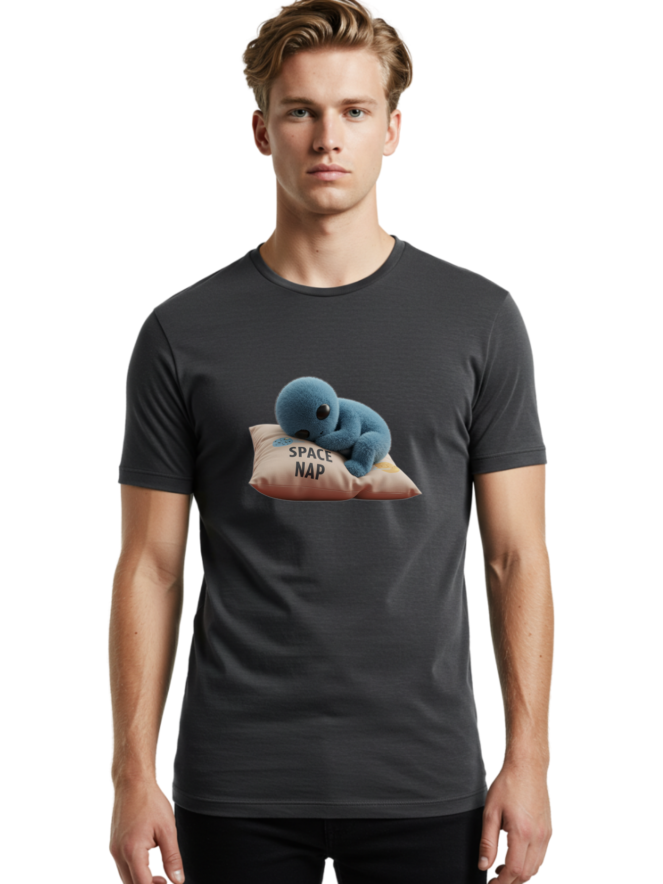 Space-Nap-4 Men'S Graphic Tee, 100% Cotton, Comfortable Casual Summer Wear, Machine Washable, Stuffed Alien, Space Nap, Sleeping On Pillow, Cute Plush Toy, Funny Meme, Cartoon Character, Adorable Creature, Resting In Space, Soft And Cuddly, Bad669