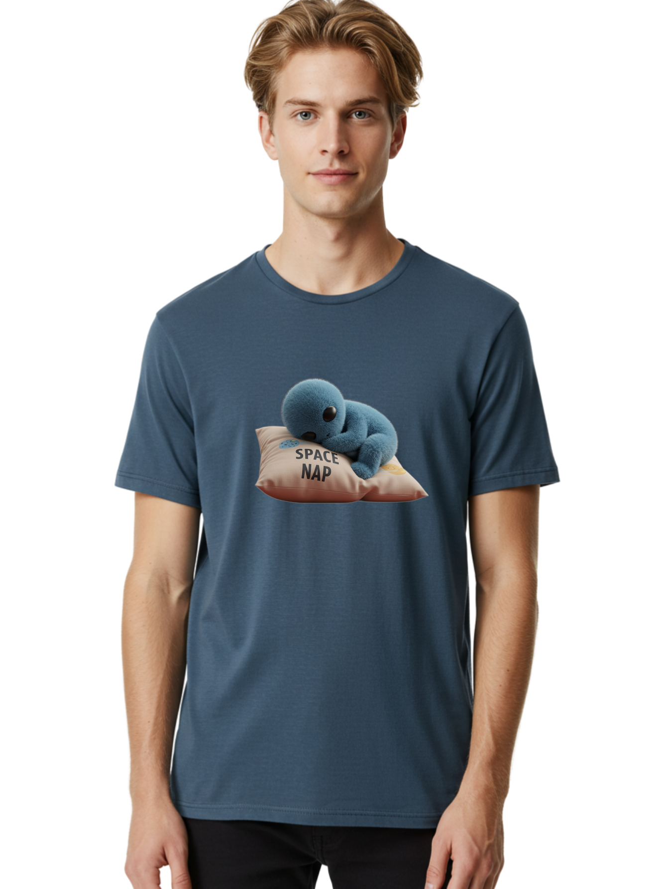 Space-Nap-4 Men'S Graphic Tee, 100% Cotton, Comfortable Casual Summer Wear, Machine Washable, Stuffed Alien, Space Nap, Sleeping On Pillow, Cute Plush Toy, Funny Meme, Cartoon Character, Adorable Creature, Resting In Space, Soft And Cuddly, Bad669