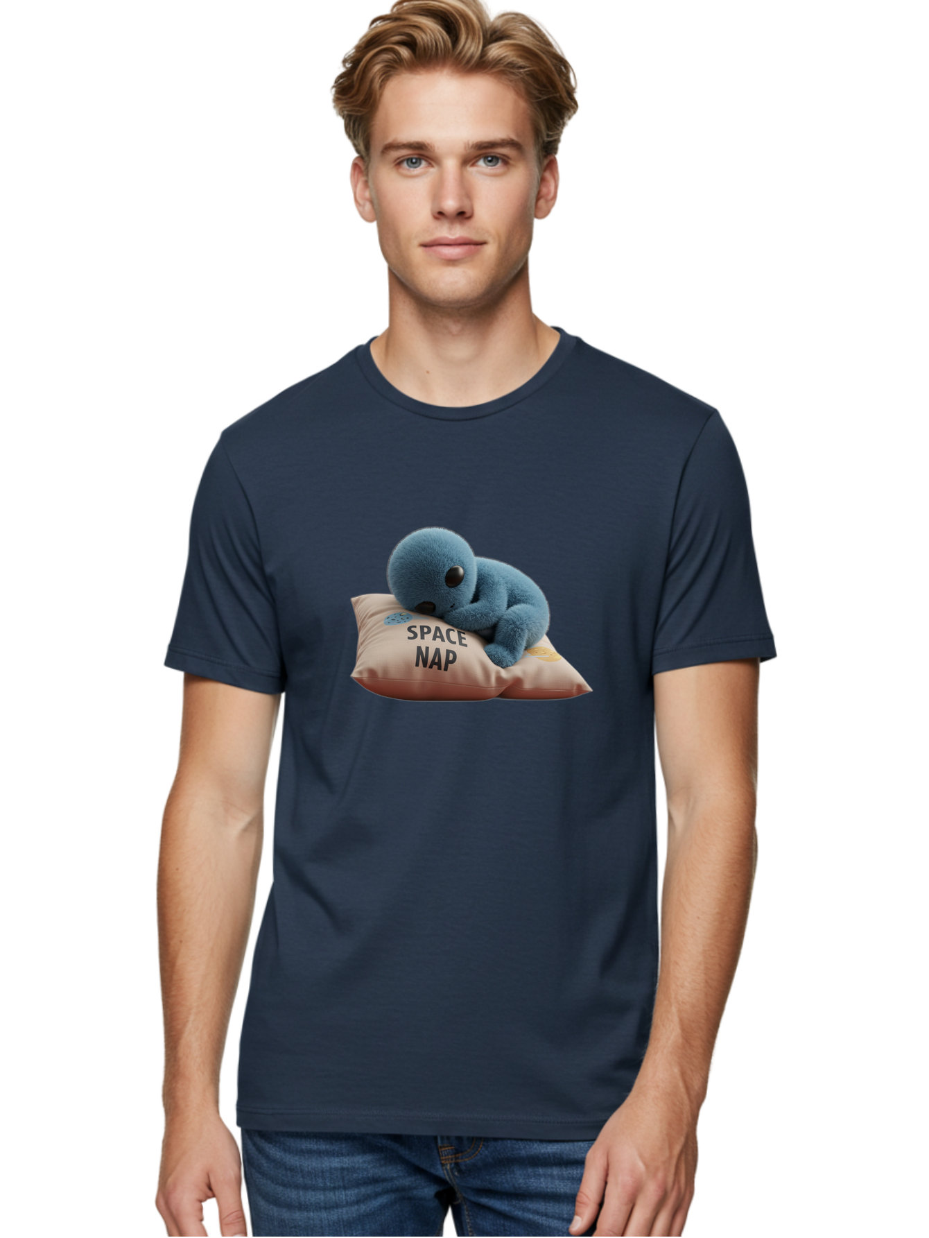 Space-Nap-4 Men'S Graphic Tee, 100% Cotton, Comfortable Casual Summer Wear, Machine Washable, Stuffed Alien, Space Nap, Sleeping On Pillow, Cute Plush Toy, Funny Meme, Cartoon Character, Adorable Creature, Resting In Space, Soft And Cuddly, Bad669