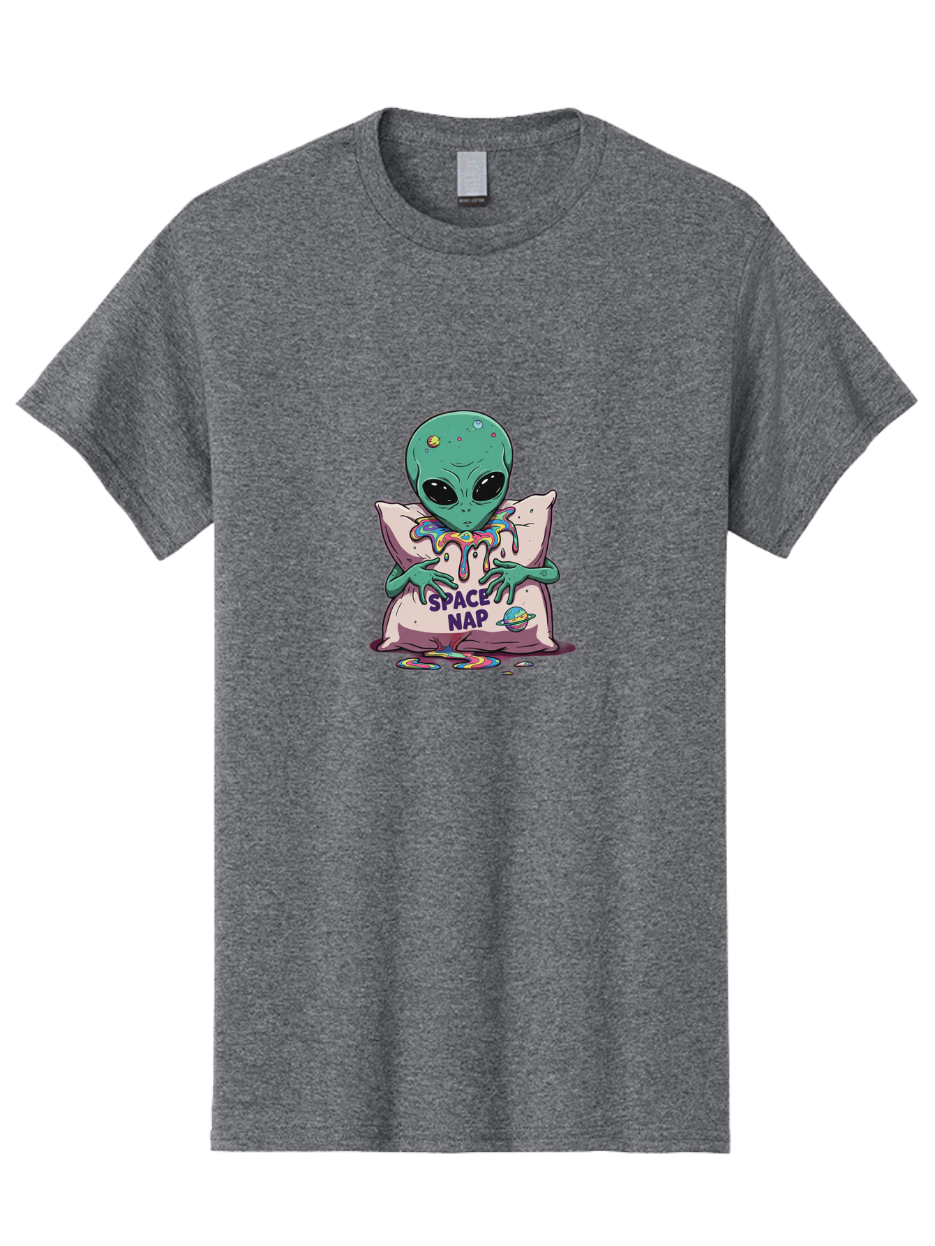 Space-Nap-5 Men'S Graphic Tee, 100% Cotton, Comfortable Casual Summer Wear, Machine Washable, Alien Resting On Pillow, Rainbow Slime, Galaxy Theme, Extraterrestrial Being, Cute Cartoon Character, Humorous Illustration, Space Nap, Bad670