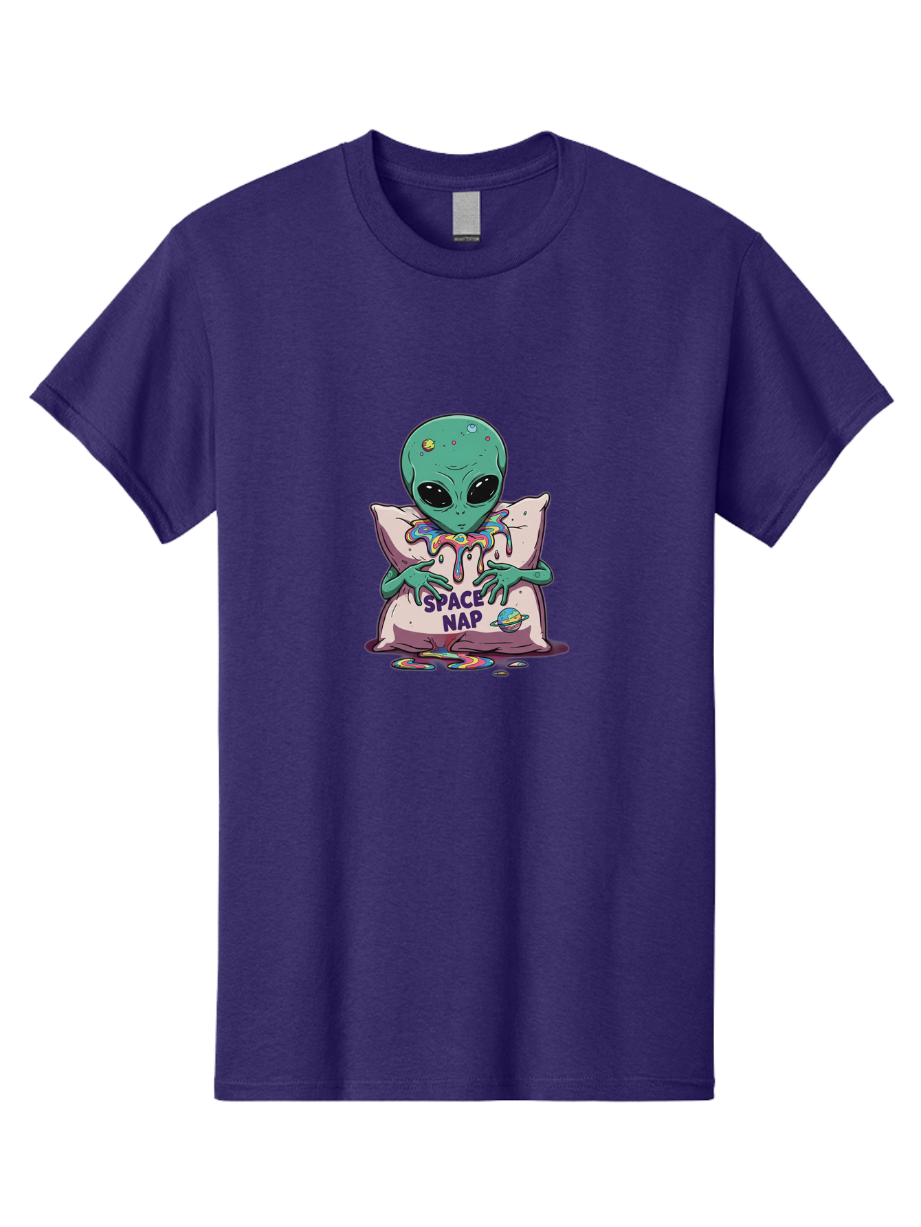 Space-Nap-5 Men'S Graphic Tee, 100% Cotton, Comfortable Casual Summer Wear, Machine Washable, Alien Resting On Pillow, Rainbow Slime, Galaxy Theme, Extraterrestrial Being, Cute Cartoon Character, Humorous Illustration, Space Nap, Bad670