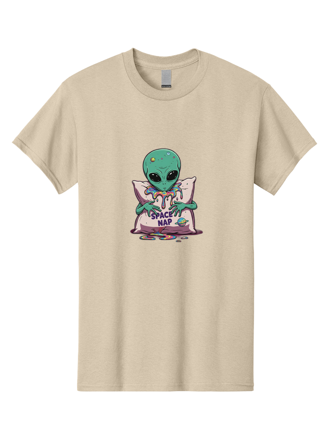 Space-Nap-5 Men'S Graphic Tee, 100% Cotton, Comfortable Casual Summer Wear, Machine Washable, Alien Resting On Pillow, Rainbow Slime, Galaxy Theme, Extraterrestrial Being, Cute Cartoon Character, Humorous Illustration, Space Nap, Bad670