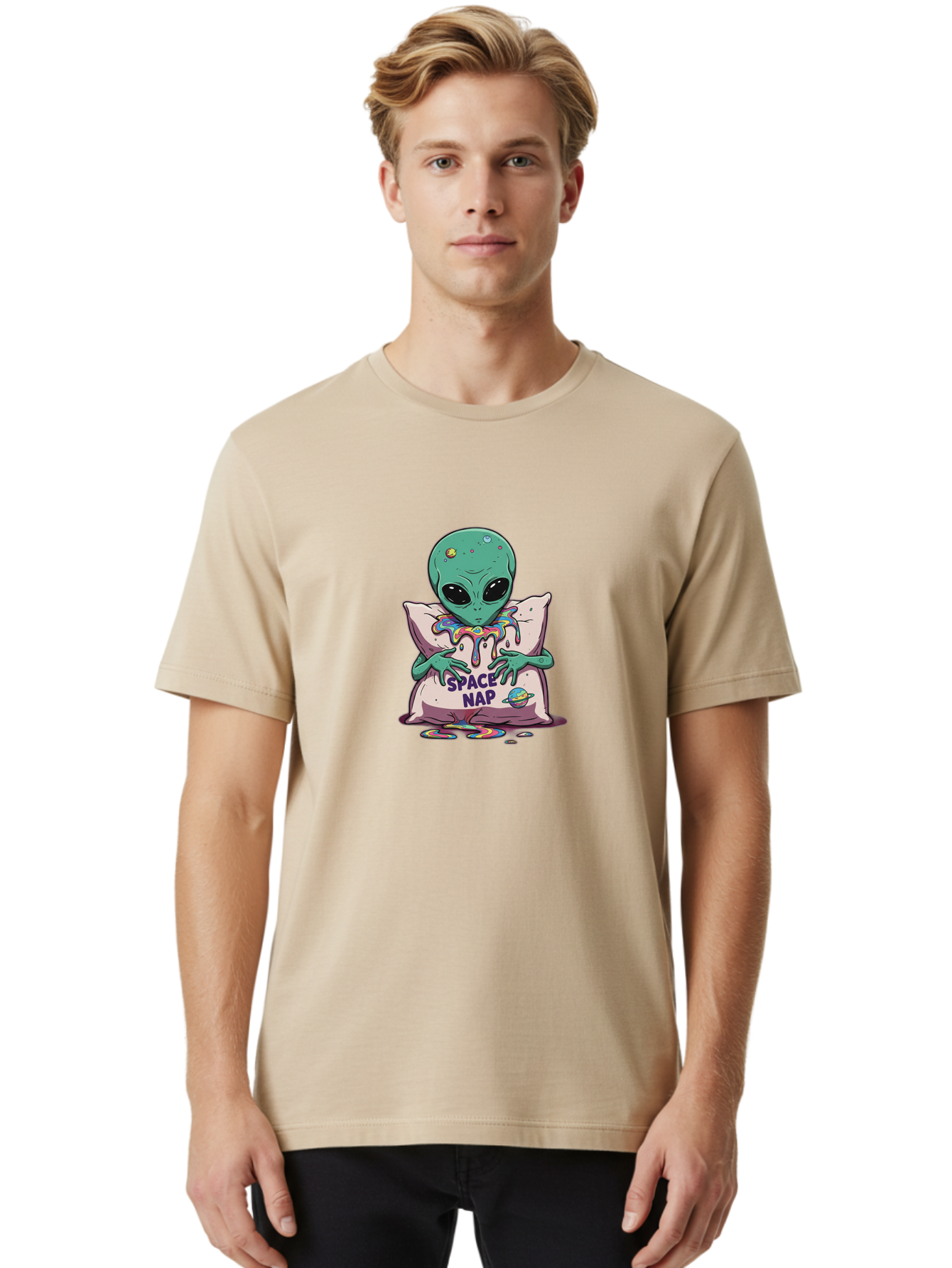 Space-Nap-5 Men'S Graphic Tee, 100% Cotton, Comfortable Casual Summer Wear, Machine Washable, Alien Resting On Pillow, Rainbow Slime, Galaxy Theme, Extraterrestrial Being, Cute Cartoon Character, Humorous Illustration, Space Nap, Bad670