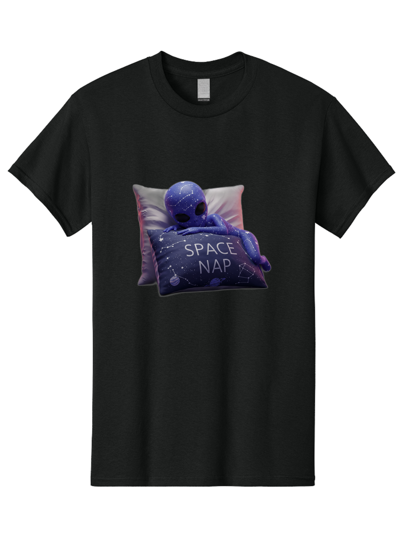 Space-Nap-7 Men'S Graphic Tee, 100% Cotton, Comfortable Casual Summer Wear, Machine Washable, Purple Alien Doll, Sleeping On Pillows, Galaxy-Themed Pillowcase, Cute Extraterrestrial, Space-Themed Decor, Constellations, Stars, Planets, Bad672