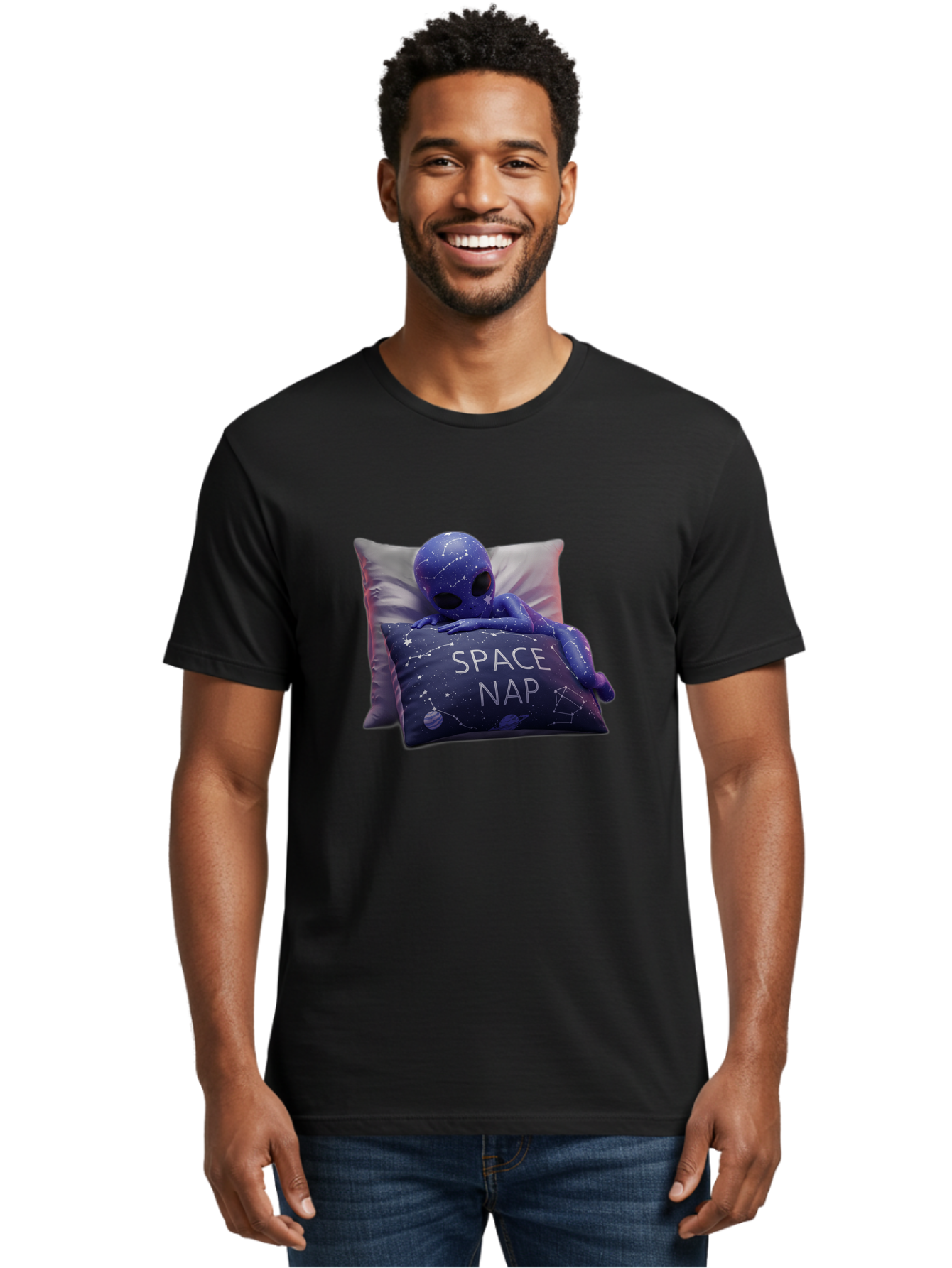 Space-Nap-7 Men'S Graphic Tee, 100% Cotton, Comfortable Casual Summer Wear, Machine Washable, Purple Alien Doll, Sleeping On Pillows, Galaxy-Themed Pillowcase, Cute Extraterrestrial, Space-Themed Decor, Constellations, Stars, Planets, Bad672