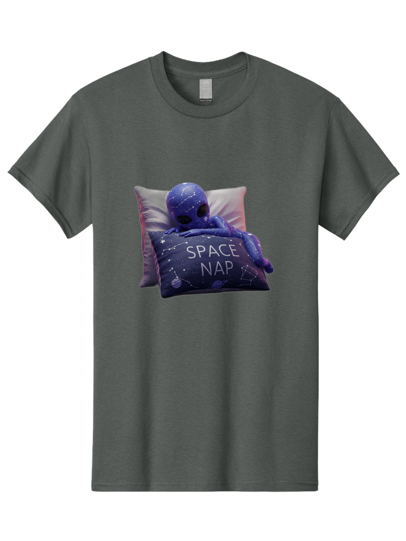 Space-Nap-7 Men'S Graphic Tee, 100% Cotton, Comfortable Casual Summer Wear, Machine Washable, Purple Alien Doll, Sleeping On Pillows, Galaxy-Themed Pillowcase, Cute Extraterrestrial, Space-Themed Decor, Constellations, Stars, Planets, Bad672
