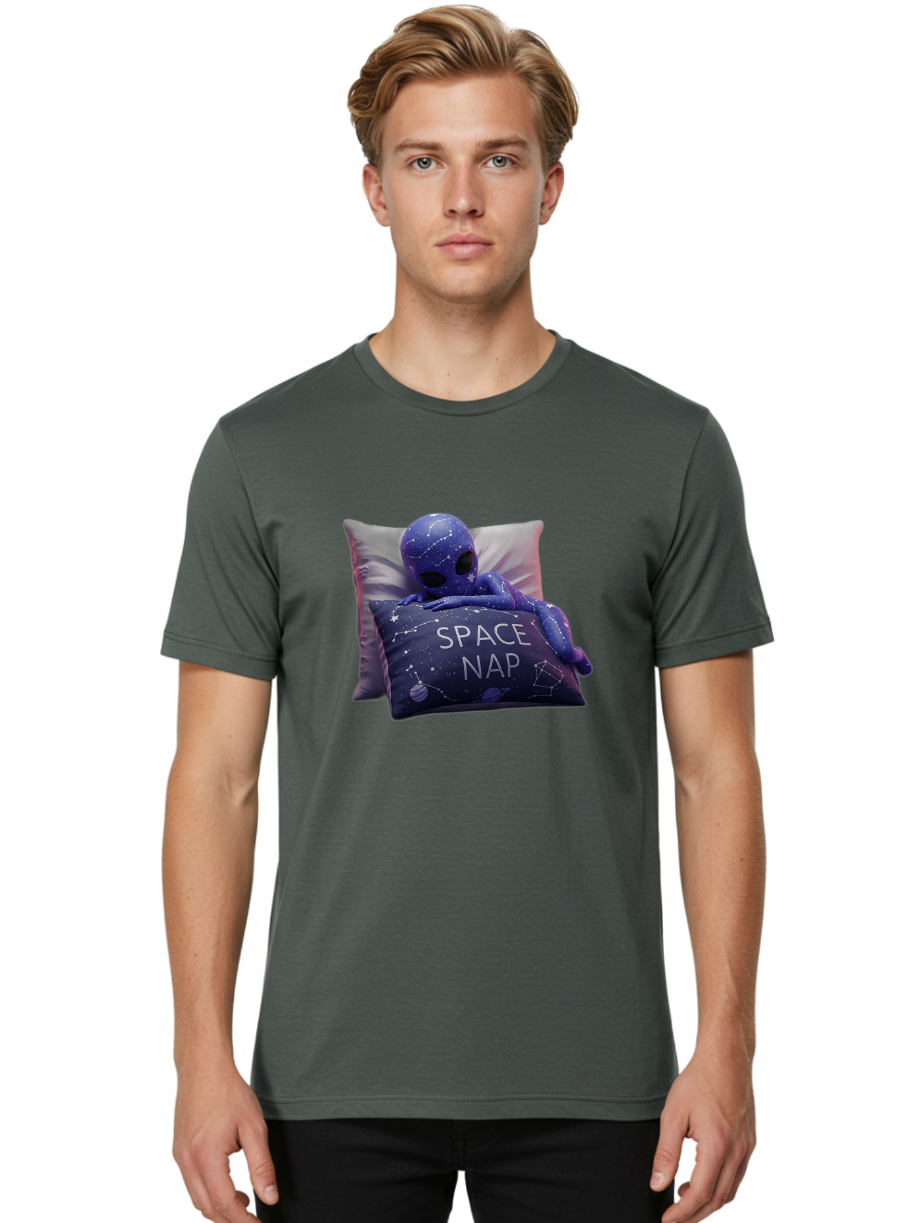 Space-Nap-7 Men'S Graphic Tee, 100% Cotton, Comfortable Casual Summer Wear, Machine Washable, Purple Alien Doll, Sleeping On Pillows, Galaxy-Themed Pillowcase, Cute Extraterrestrial, Space-Themed Decor, Constellations, Stars, Planets, Bad672