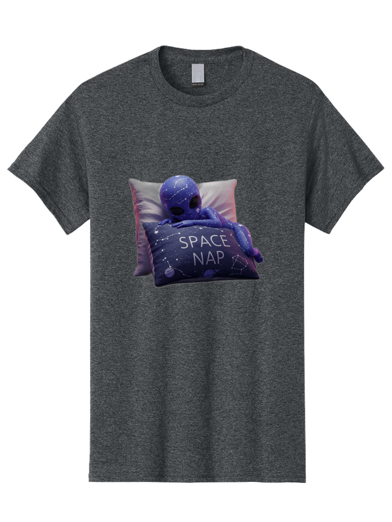 Space-Nap-7 Men'S Graphic Tee, 100% Cotton, Comfortable Casual Summer Wear, Machine Washable, Purple Alien Doll, Sleeping On Pillows, Galaxy-Themed Pillowcase, Cute Extraterrestrial, Space-Themed Decor, Constellations, Stars, Planets, Bad672