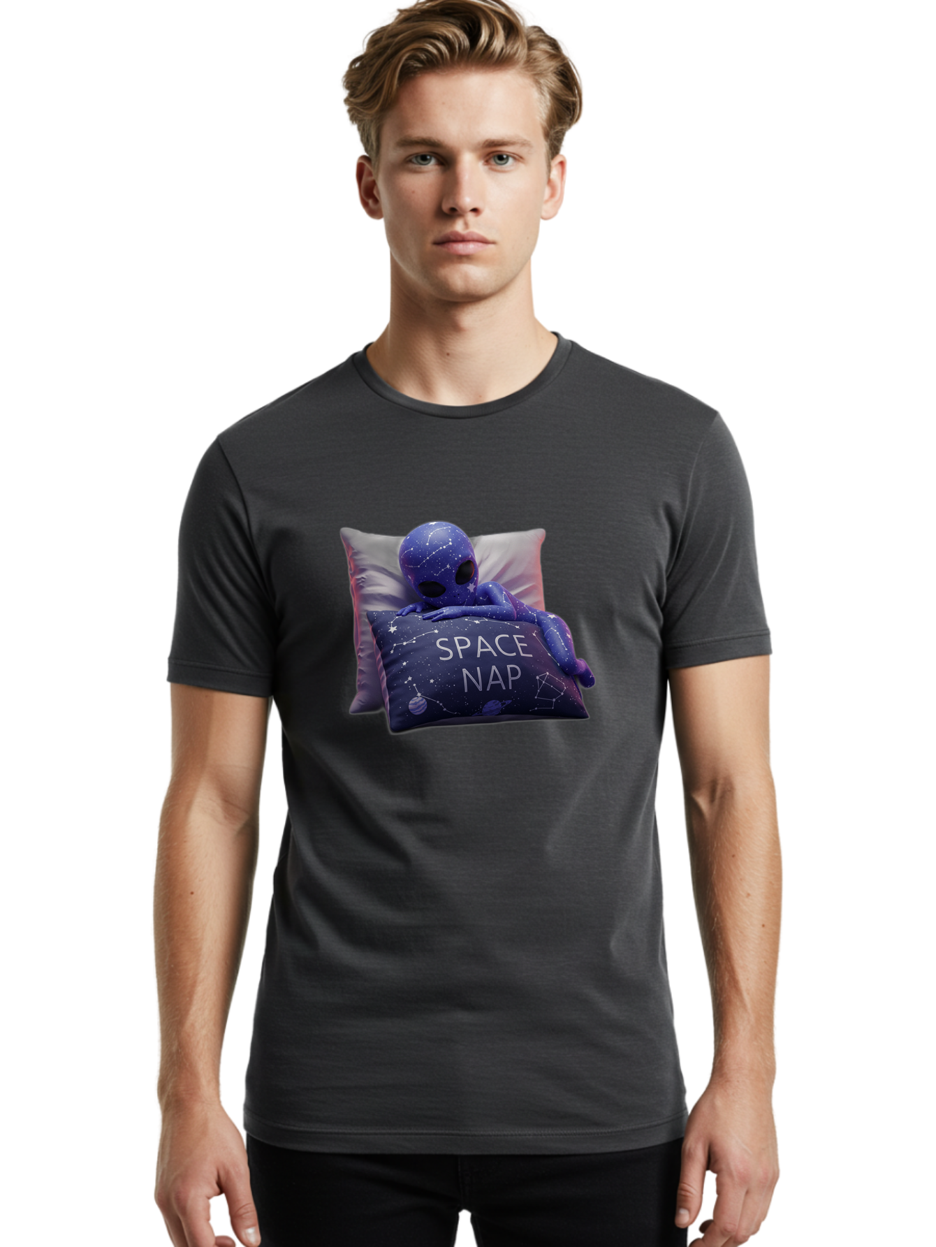 Space-Nap-7 Men'S Graphic Tee, 100% Cotton, Comfortable Casual Summer Wear, Machine Washable, Purple Alien Doll, Sleeping On Pillows, Galaxy-Themed Pillowcase, Cute Extraterrestrial, Space-Themed Decor, Constellations, Stars, Planets, Bad672