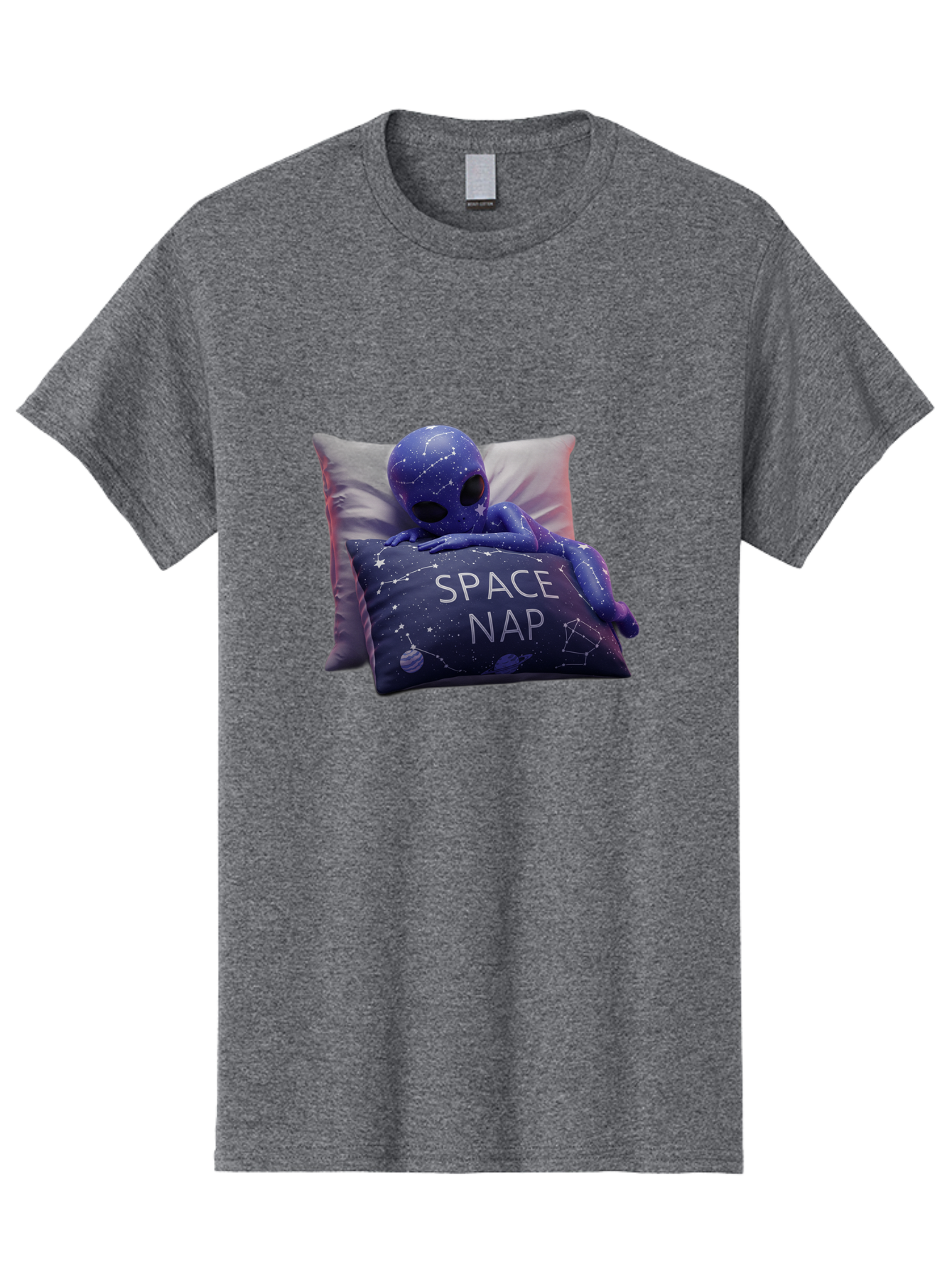 Space-Nap-7 Men'S Graphic Tee, 100% Cotton, Comfortable Casual Summer Wear, Machine Washable, Purple Alien Doll, Sleeping On Pillows, Galaxy-Themed Pillowcase, Cute Extraterrestrial, Space-Themed Decor, Constellations, Stars, Planets, Bad672