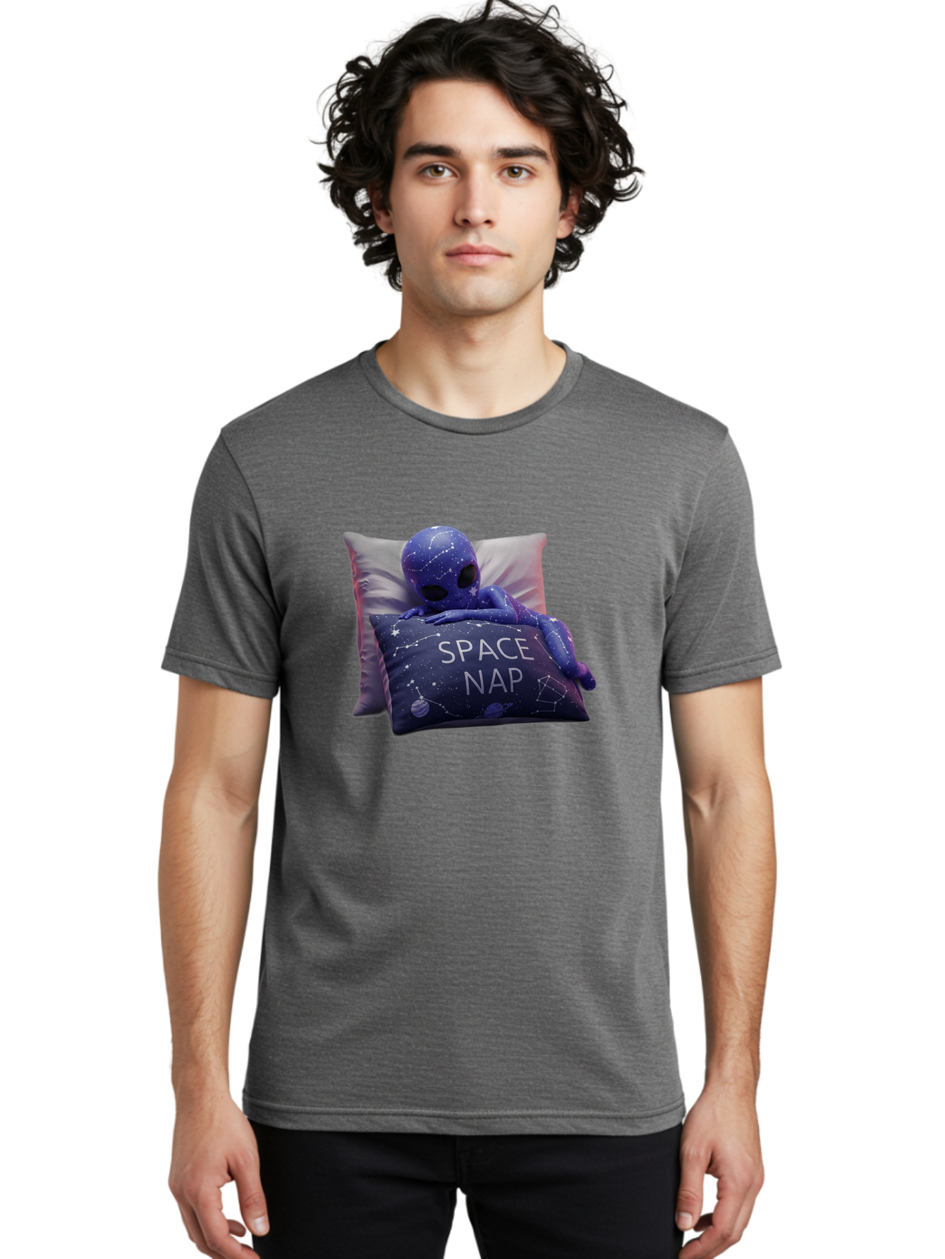 Space-Nap-7 Men'S Graphic Tee, 100% Cotton, Comfortable Casual Summer Wear, Machine Washable, Purple Alien Doll, Sleeping On Pillows, Galaxy-Themed Pillowcase, Cute Extraterrestrial, Space-Themed Decor, Constellations, Stars, Planets, Bad672