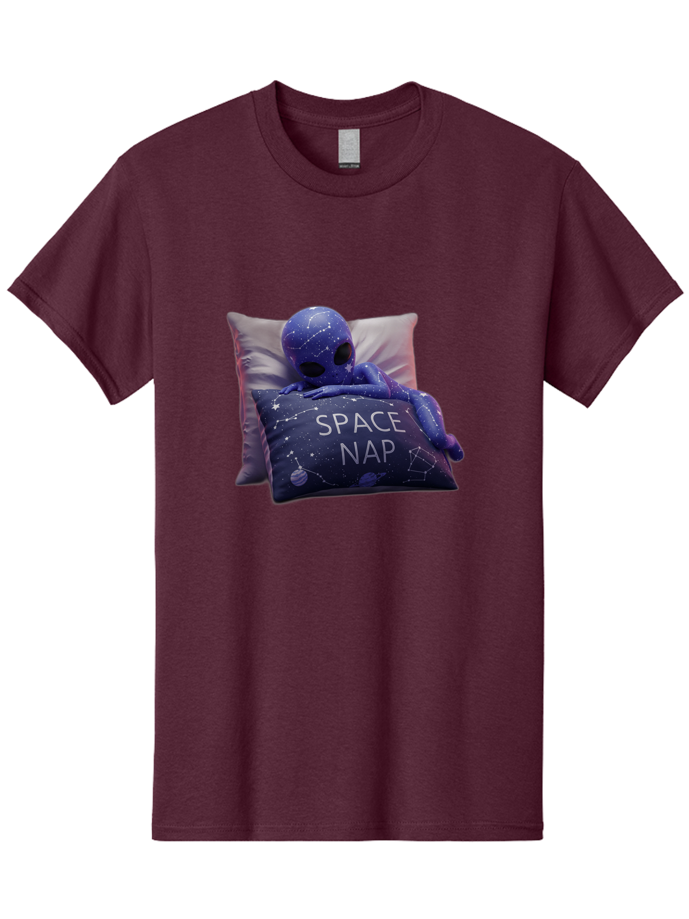 Space-Nap-7 Men'S Graphic Tee, 100% Cotton, Comfortable Casual Summer Wear, Machine Washable, Purple Alien Doll, Sleeping On Pillows, Galaxy-Themed Pillowcase, Cute Extraterrestrial, Space-Themed Decor, Constellations, Stars, Planets, Bad672
