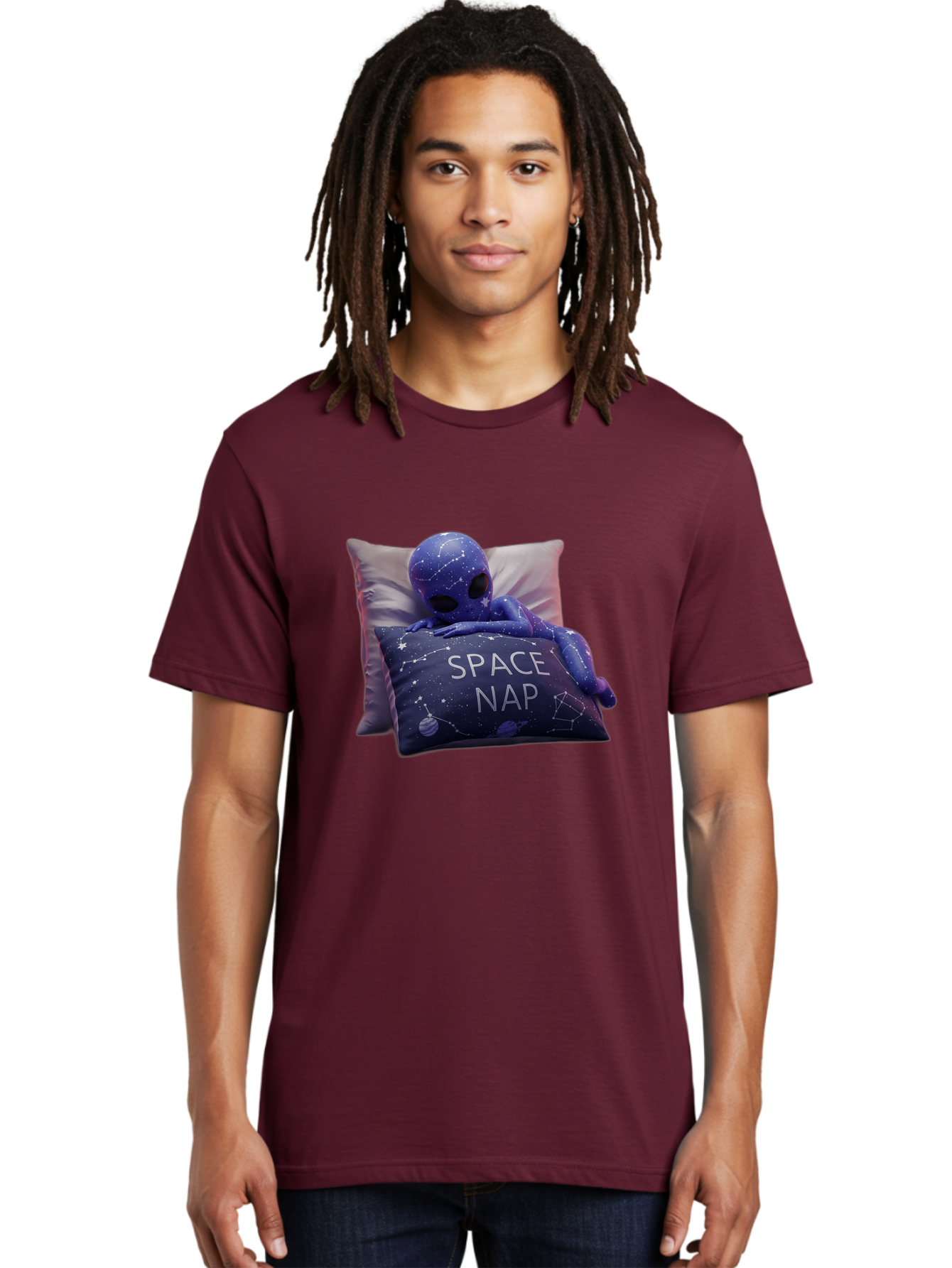 Space-Nap-7 Men'S Graphic Tee, 100% Cotton, Comfortable Casual Summer Wear, Machine Washable, Purple Alien Doll, Sleeping On Pillows, Galaxy-Themed Pillowcase, Cute Extraterrestrial, Space-Themed Decor, Constellations, Stars, Planets, Bad672