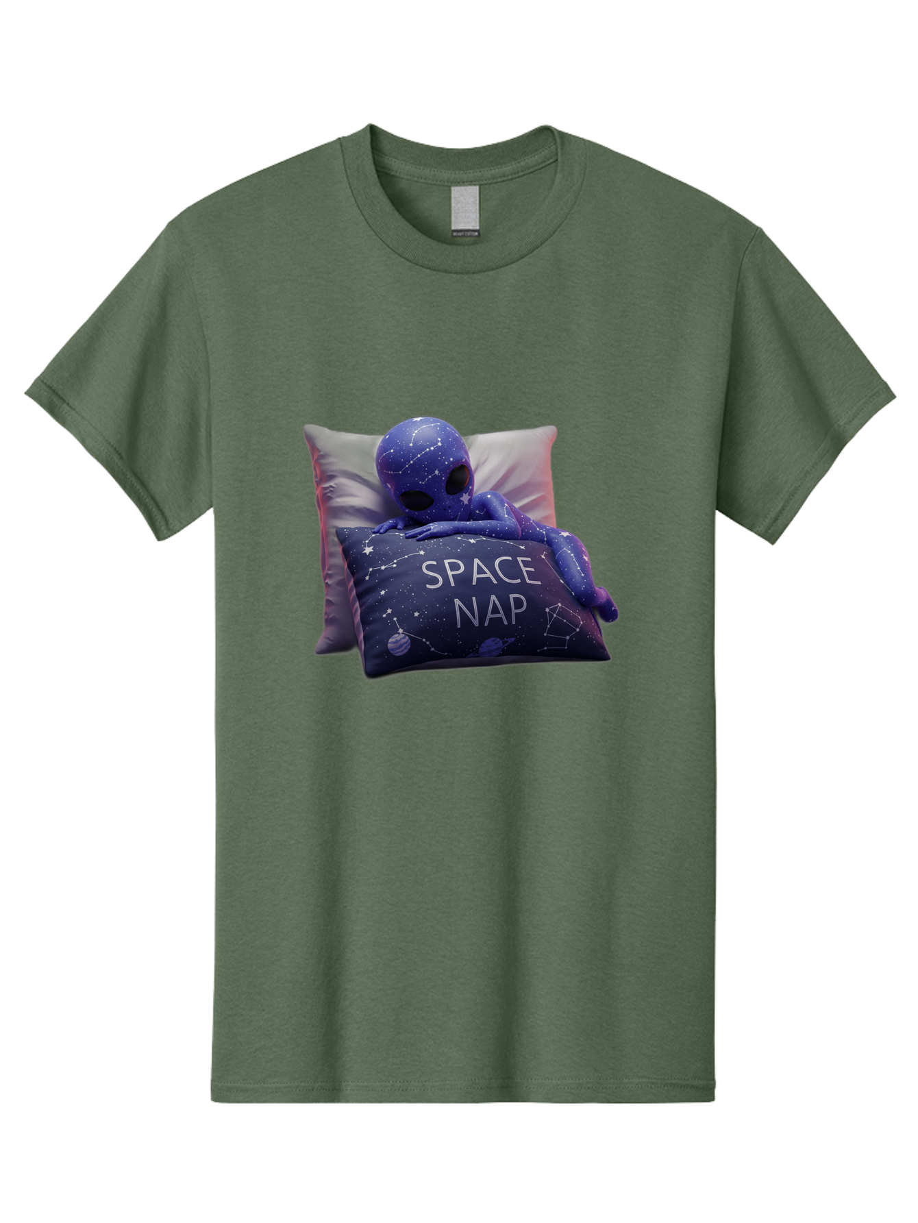 Space-Nap-7 Men'S Graphic Tee, 100% Cotton, Comfortable Casual Summer Wear, Machine Washable, Purple Alien Doll, Sleeping On Pillows, Galaxy-Themed Pillowcase, Cute Extraterrestrial, Space-Themed Decor, Constellations, Stars, Planets, Bad672