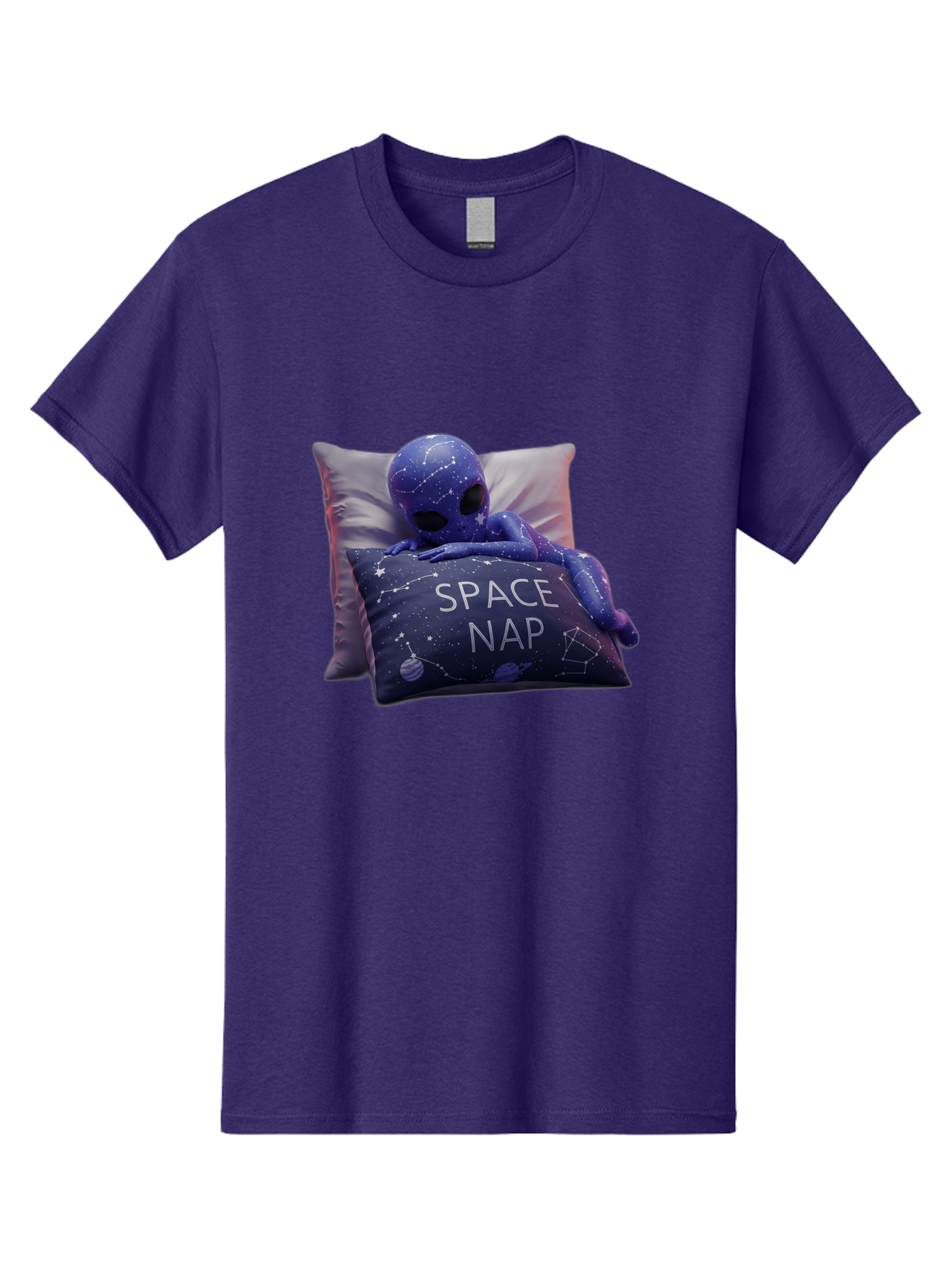 Space-Nap-7 Men'S Graphic Tee, 100% Cotton, Comfortable Casual Summer Wear, Machine Washable, Purple Alien Doll, Sleeping On Pillows, Galaxy-Themed Pillowcase, Cute Extraterrestrial, Space-Themed Decor, Constellations, Stars, Planets, Bad672
