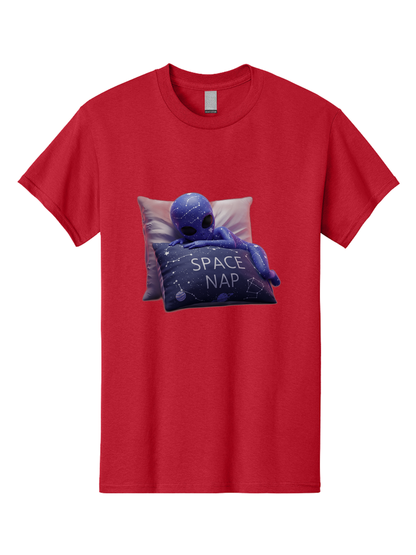 Space-Nap-7 Men'S Graphic Tee, 100% Cotton, Comfortable Casual Summer Wear, Machine Washable, Purple Alien Doll, Sleeping On Pillows, Galaxy-Themed Pillowcase, Cute Extraterrestrial, Space-Themed Decor, Constellations, Stars, Planets, Bad672