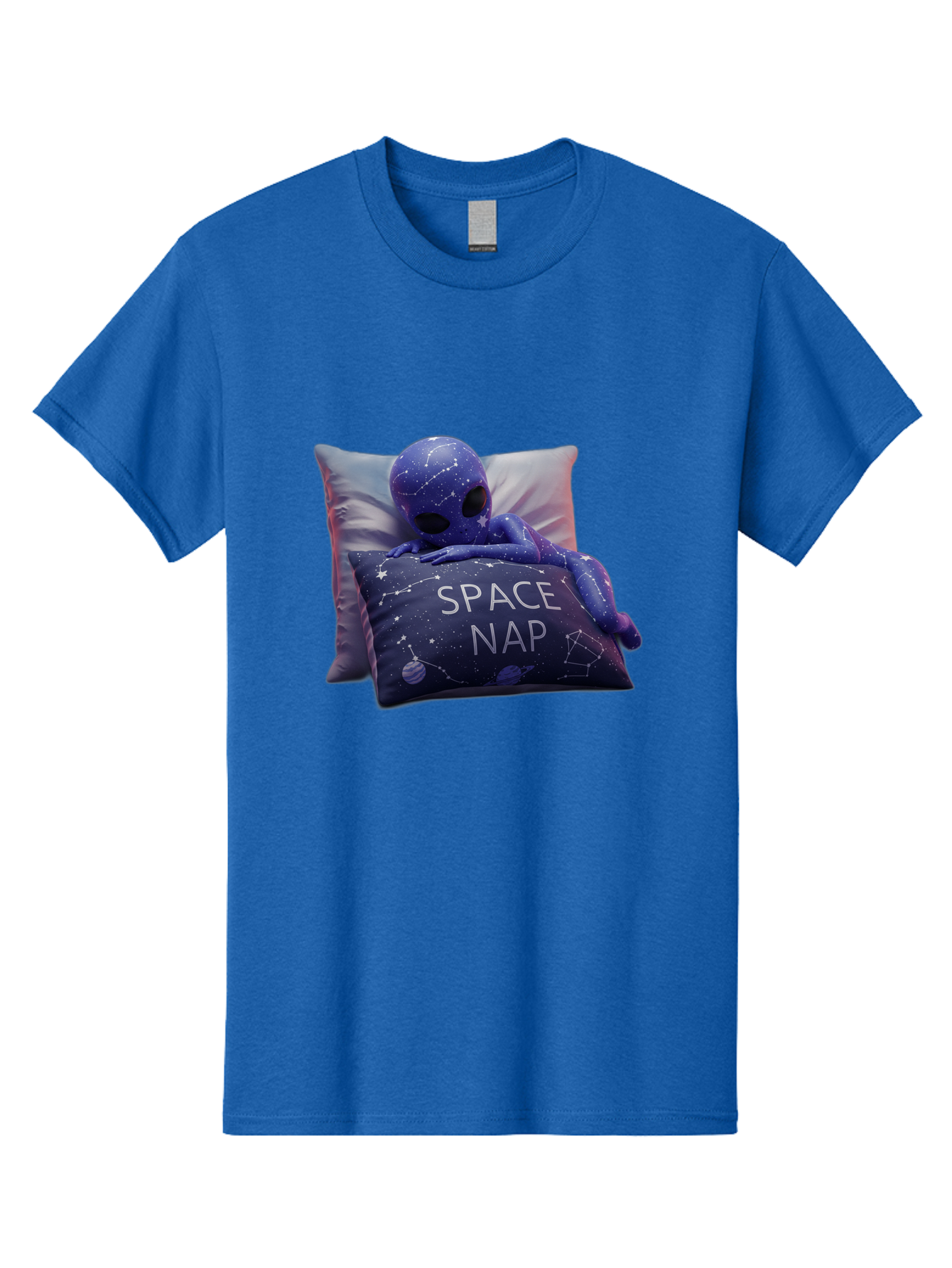 Space-Nap-7 Men'S Graphic Tee, 100% Cotton, Comfortable Casual Summer Wear, Machine Washable, Purple Alien Doll, Sleeping On Pillows, Galaxy-Themed Pillowcase, Cute Extraterrestrial, Space-Themed Decor, Constellations, Stars, Planets, Bad672