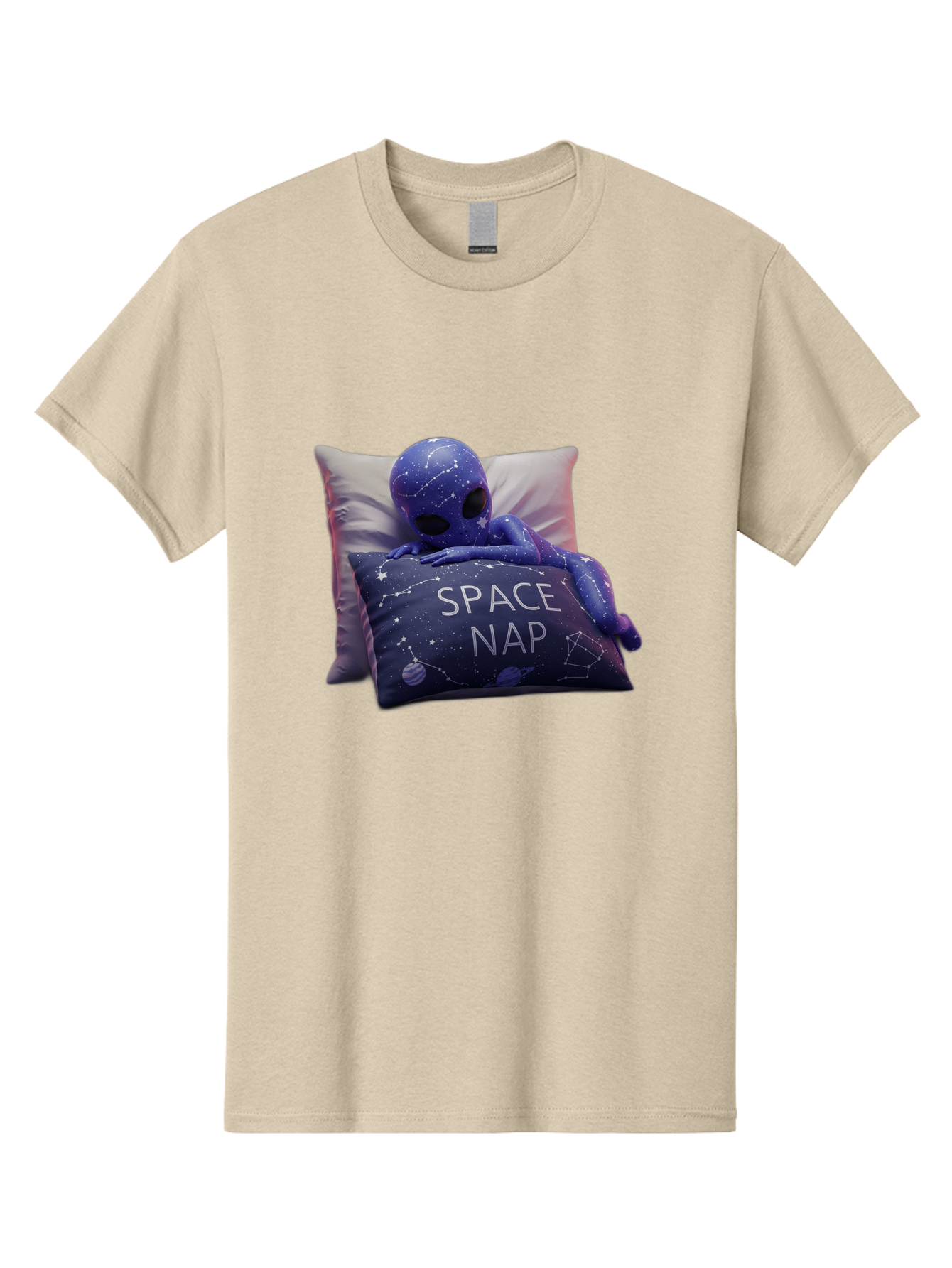 Space-Nap-7 Men'S Graphic Tee, 100% Cotton, Comfortable Casual Summer Wear, Machine Washable, Purple Alien Doll, Sleeping On Pillows, Galaxy-Themed Pillowcase, Cute Extraterrestrial, Space-Themed Decor, Constellations, Stars, Planets, Bad672