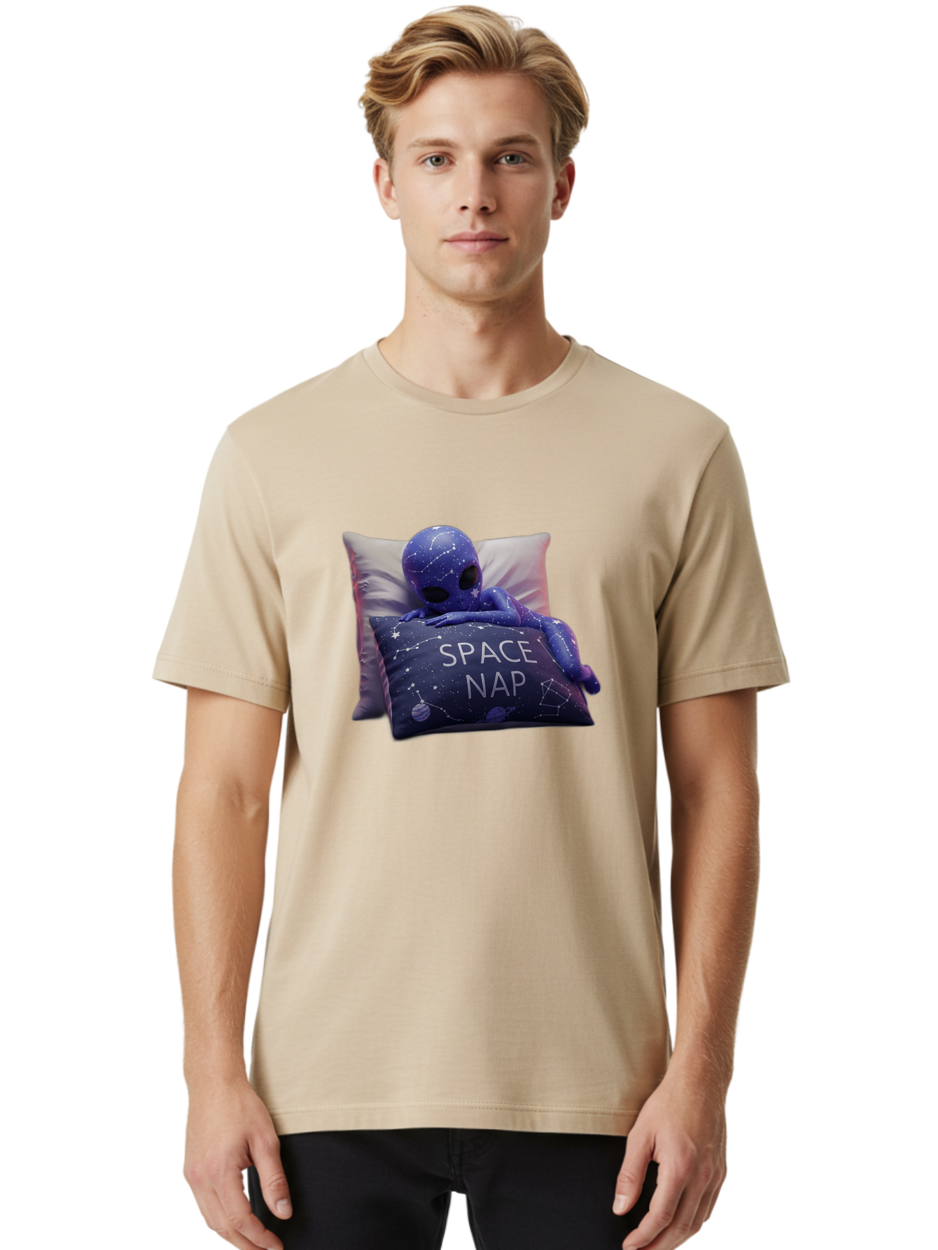 Space-Nap-7 Men'S Graphic Tee, 100% Cotton, Comfortable Casual Summer Wear, Machine Washable, Purple Alien Doll, Sleeping On Pillows, Galaxy-Themed Pillowcase, Cute Extraterrestrial, Space-Themed Decor, Constellations, Stars, Planets, Bad672
