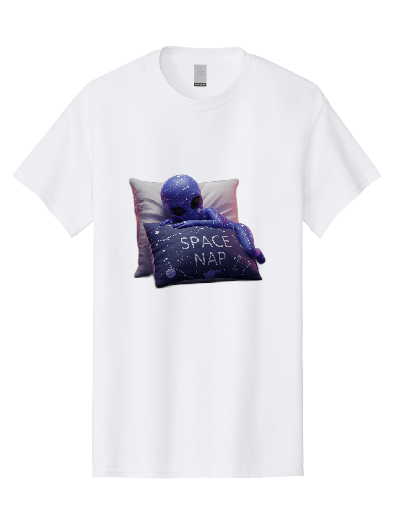 Space-Nap-7 Men'S Graphic Tee, 100% Cotton, Comfortable Casual Summer Wear, Machine Washable, Purple Alien Doll, Sleeping On Pillows, Galaxy-Themed Pillowcase, Cute Extraterrestrial, Space-Themed Decor, Constellations, Stars, Planets, Bad672