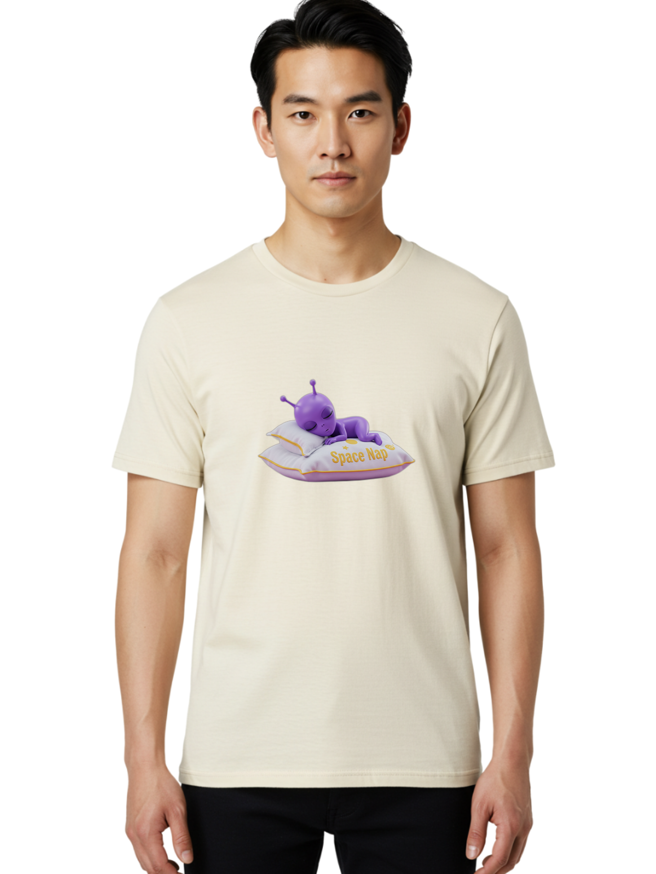Space-Nap Men'S Graphic Tee, 100% Cotton, Comfortable Casual Summer Wear, Machine Washable, Purple Alien Sleeping On Pillow, Space Nap, Cartoon Character, 3D Illustration, Funny Alien, Resting In Space, Cute Extraterrestrial, Bad673